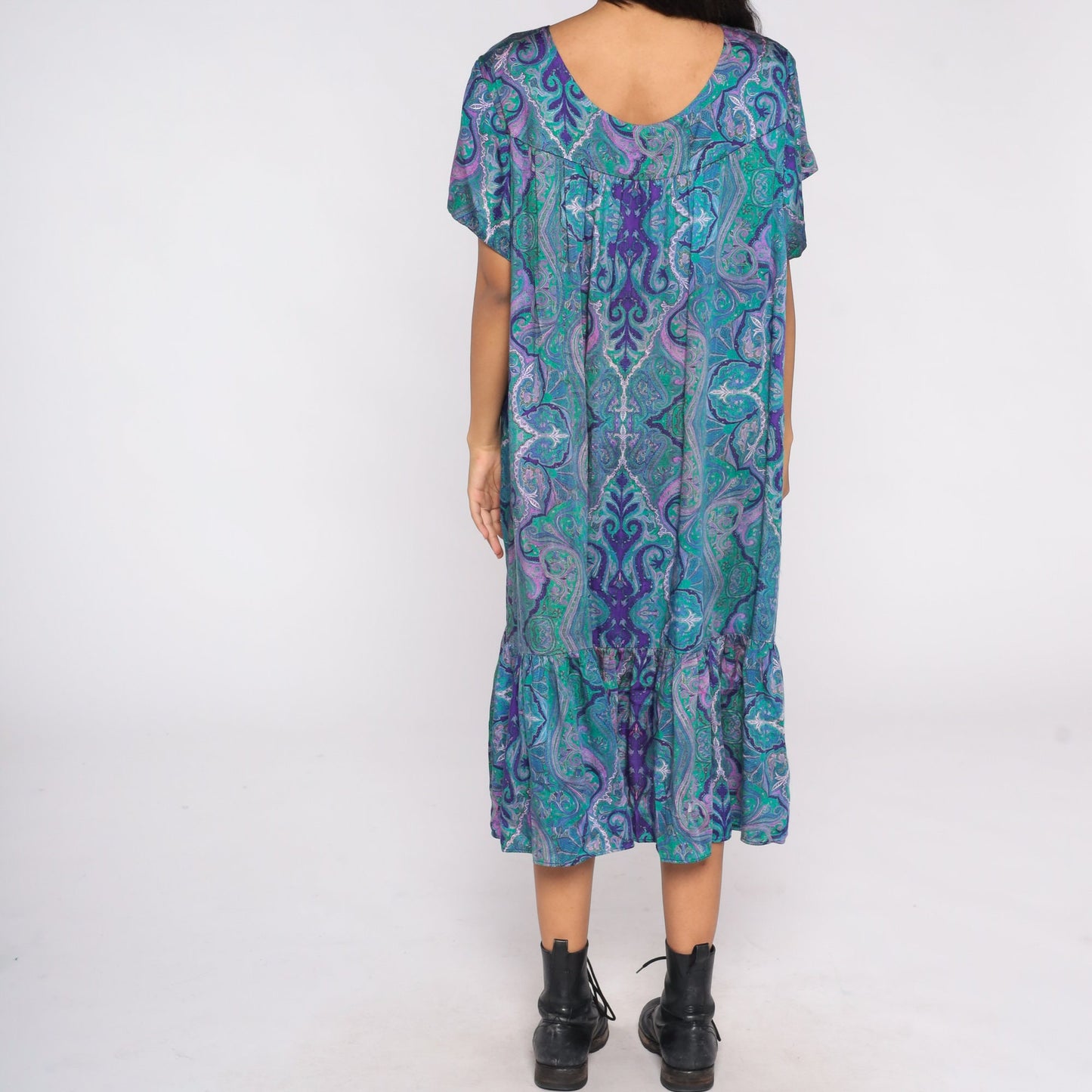 80s Psychedelic Tent Dress Midi Blue Print Short Sleeve Plus Size XXL