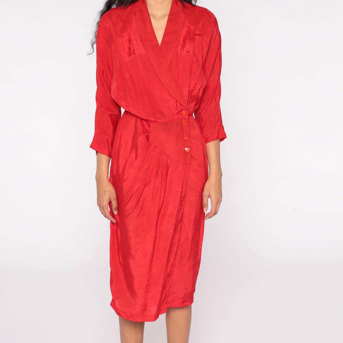 80s All That Jazz Red Wrap Midi Dress High Waist V Neck 3/4 Sleeve Medium