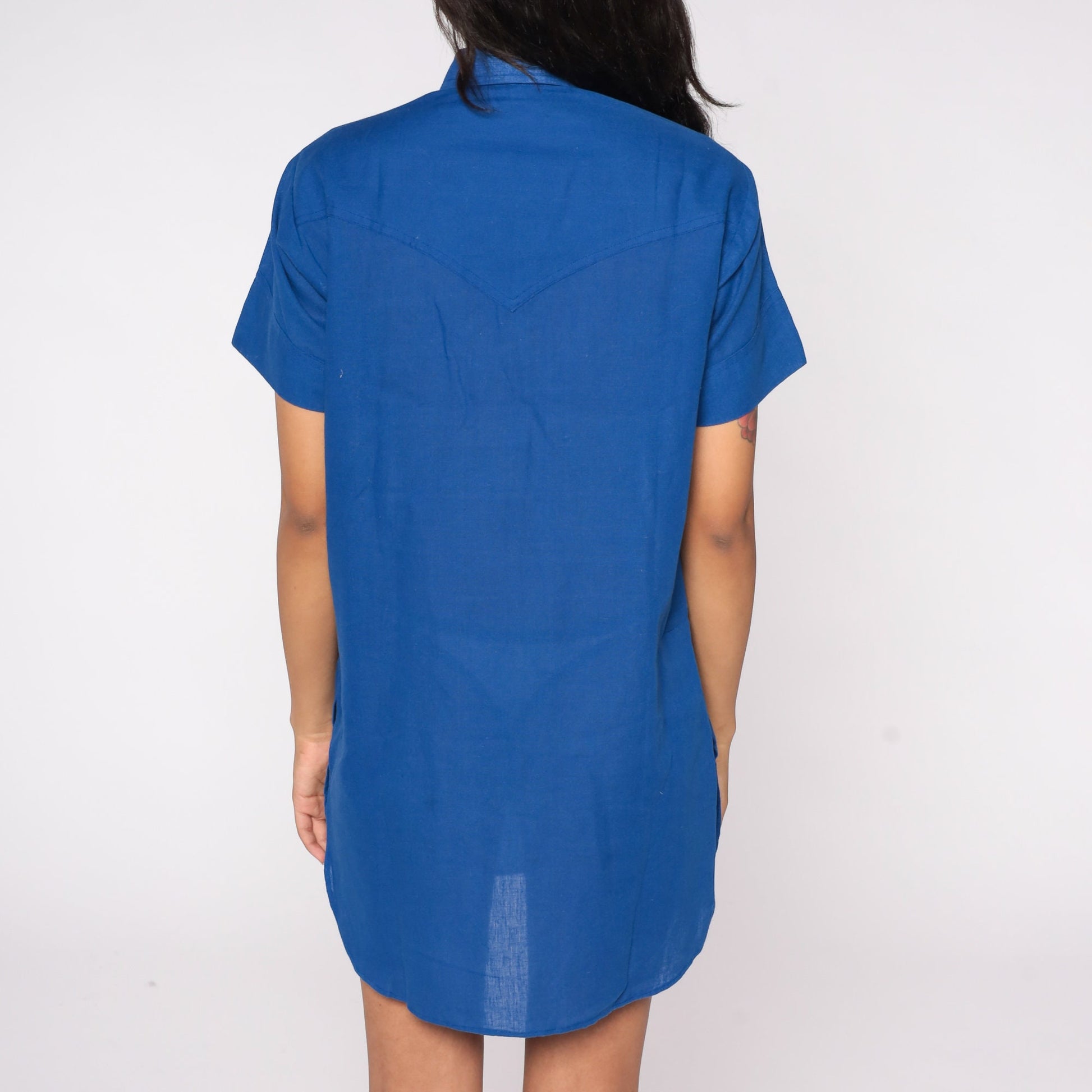 80s Blue Polo Shirt Dress Collared Button-Up Mini Side Slits Medium