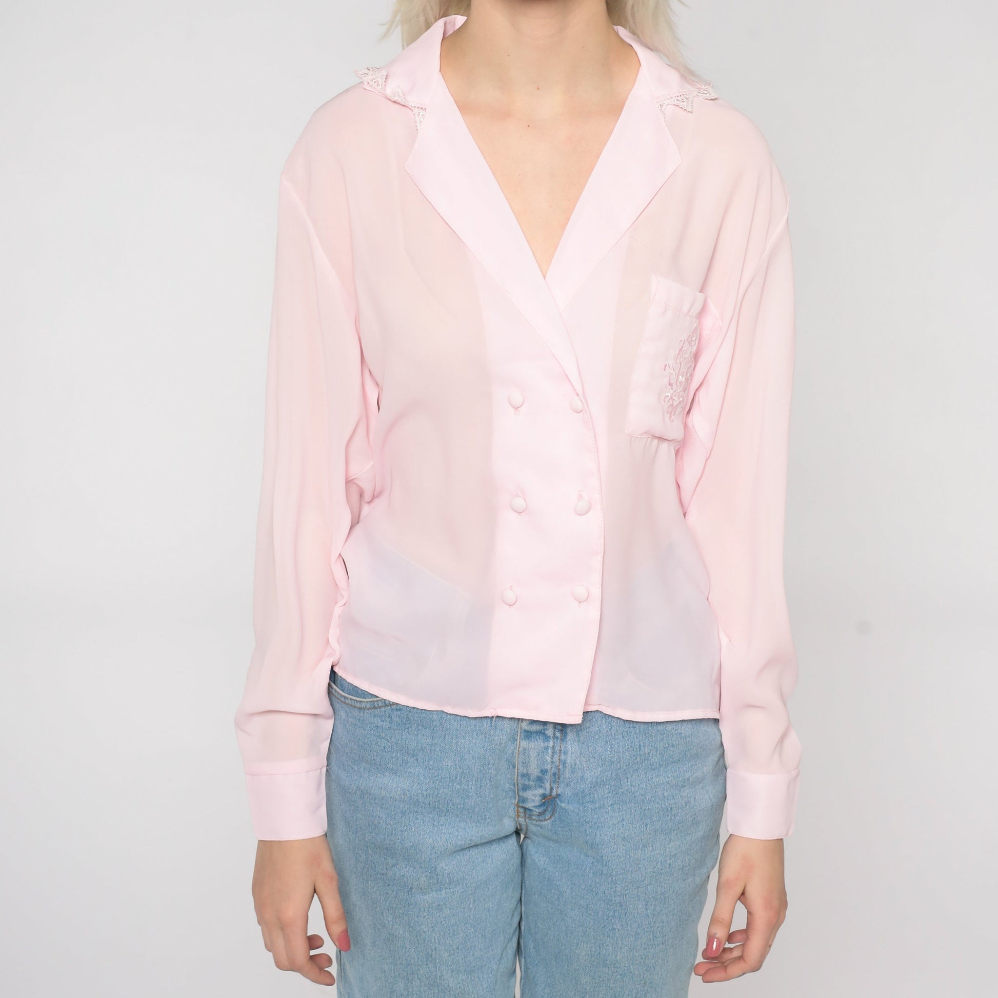 80s Baby Pink Semi-Sheer Button-Up Blouse Double Breasted Lace Trim Medium M