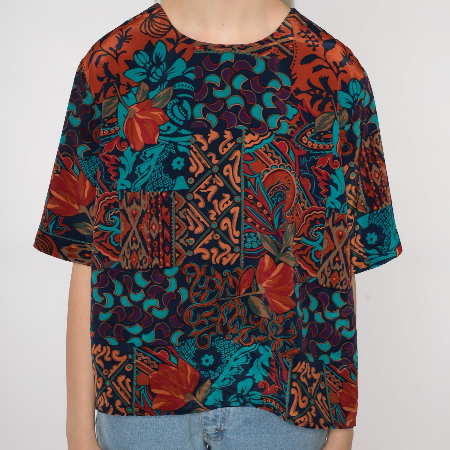90s Geometric Color Block Blouse Short Sleeve Keyhole Back Multicolor Large L