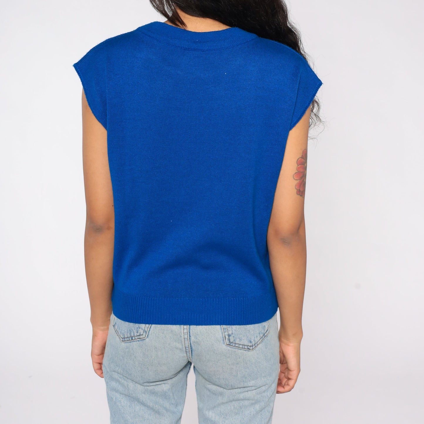 80s Royal Blue Knit Cap Sleeve Sweater Top Medium