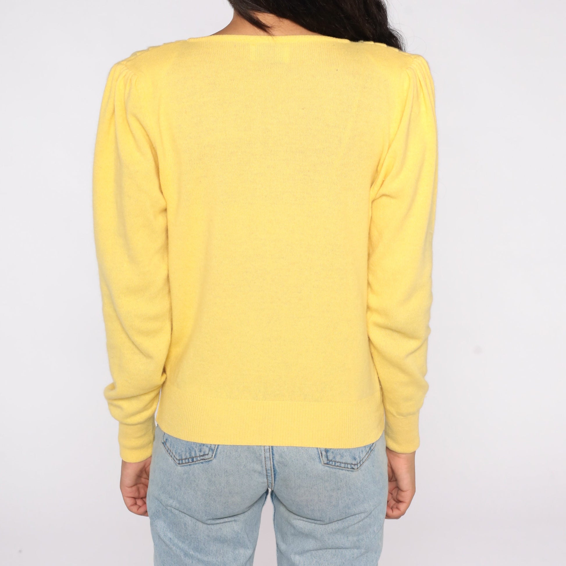 80s Benetton Yellow Cashmere Puff Sleeve Sweater Crewneck Medium