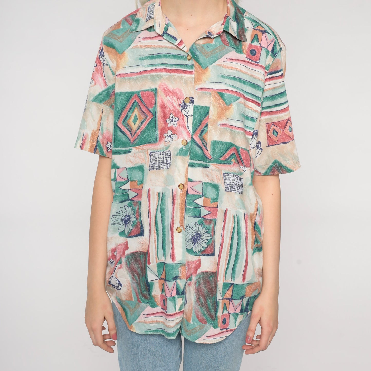 90s Geometric Floral Button-Up Blouse Red Green Abstract Print Medium