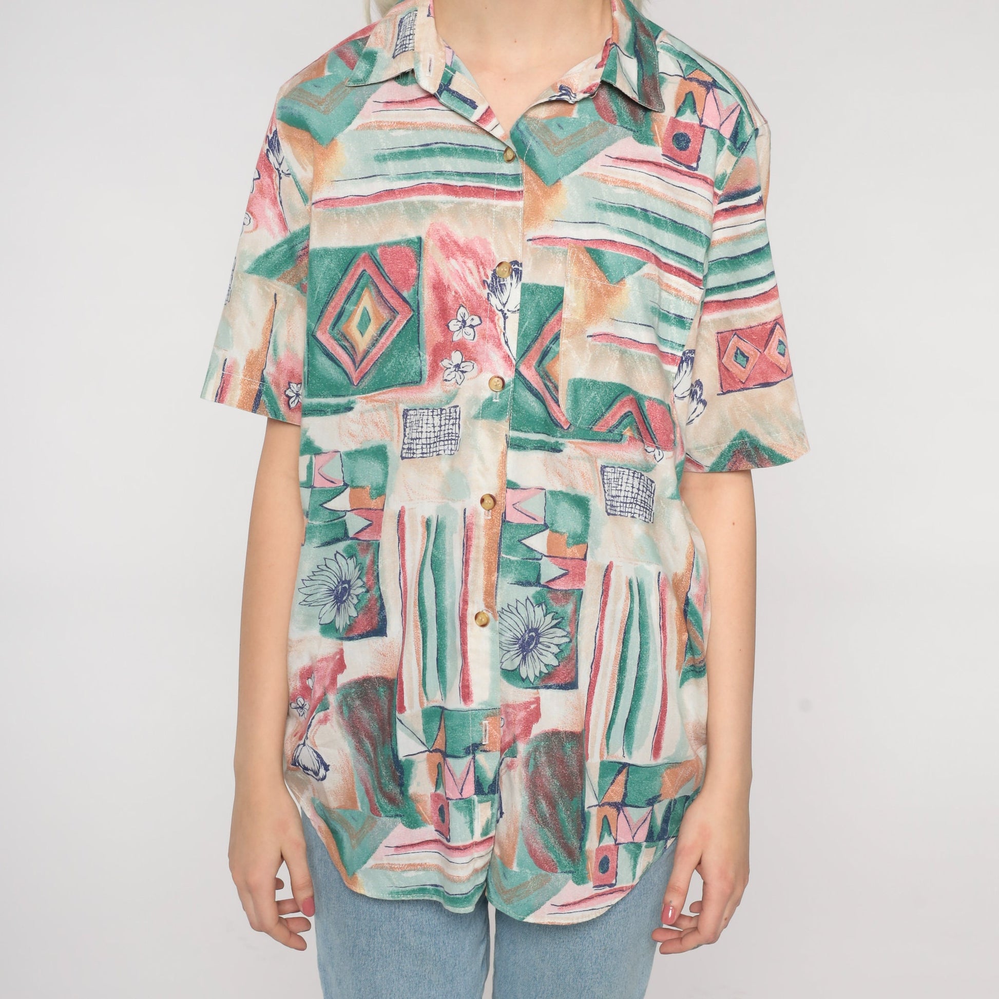 90s Geometric Floral Button-Up Blouse Red Green Abstract Print Medium