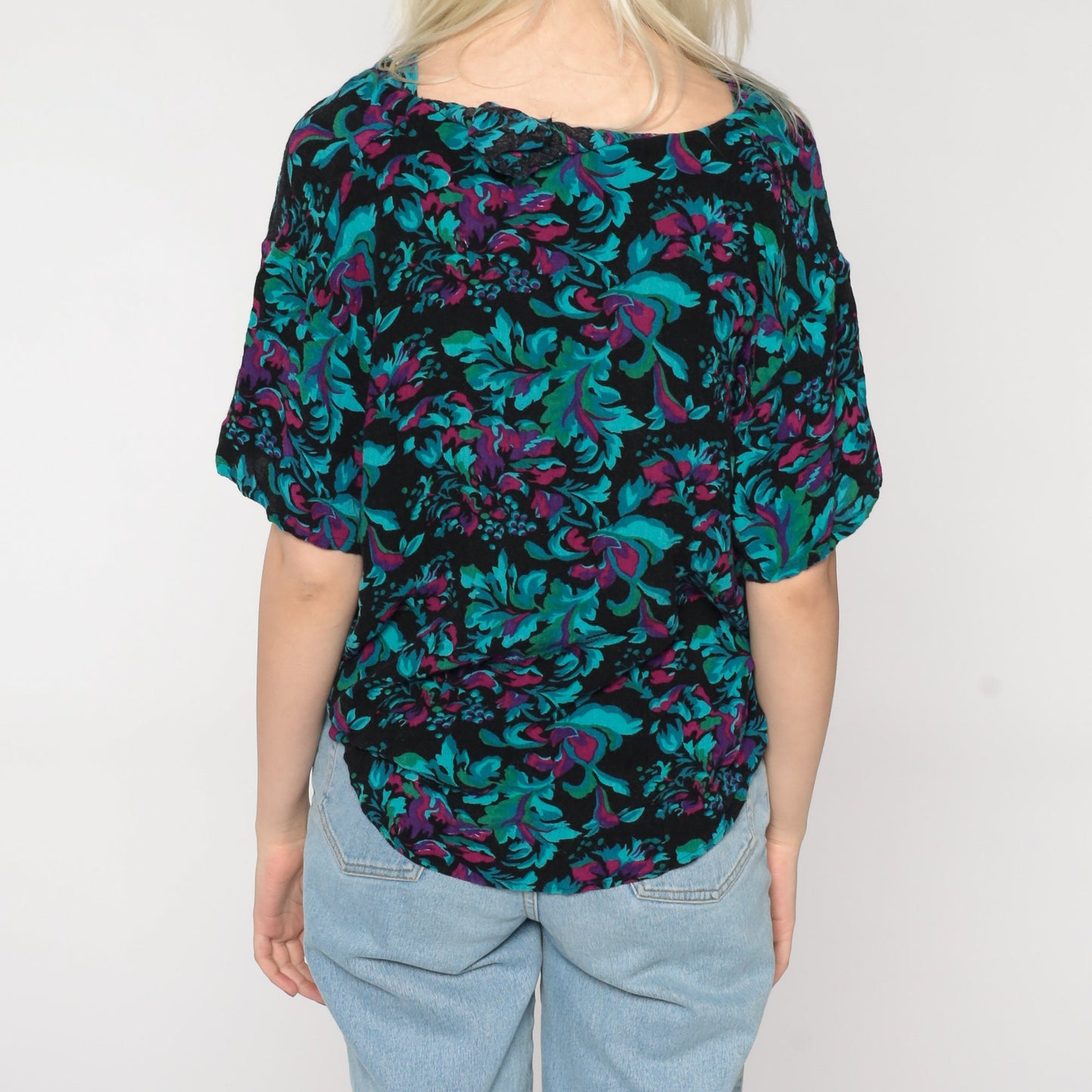 80s Floral Ruffle Blouse Black Green Flower Print Short Sleeve Large