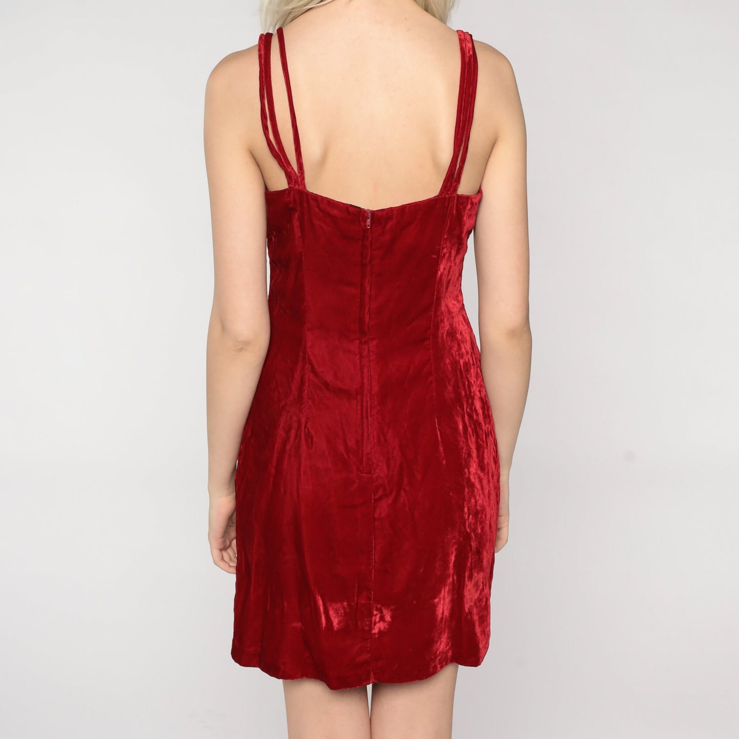 80s Red Velvet Mini Dress Sweetheart Neckline Strappy Small