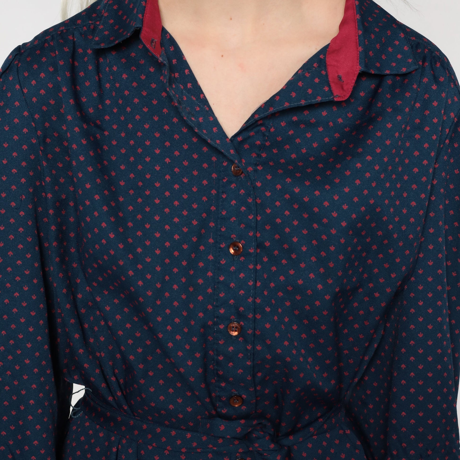 80s Navy Polka Dot Button-Up Mini Dress High Waist Tie Belt Long Sleeve Large L