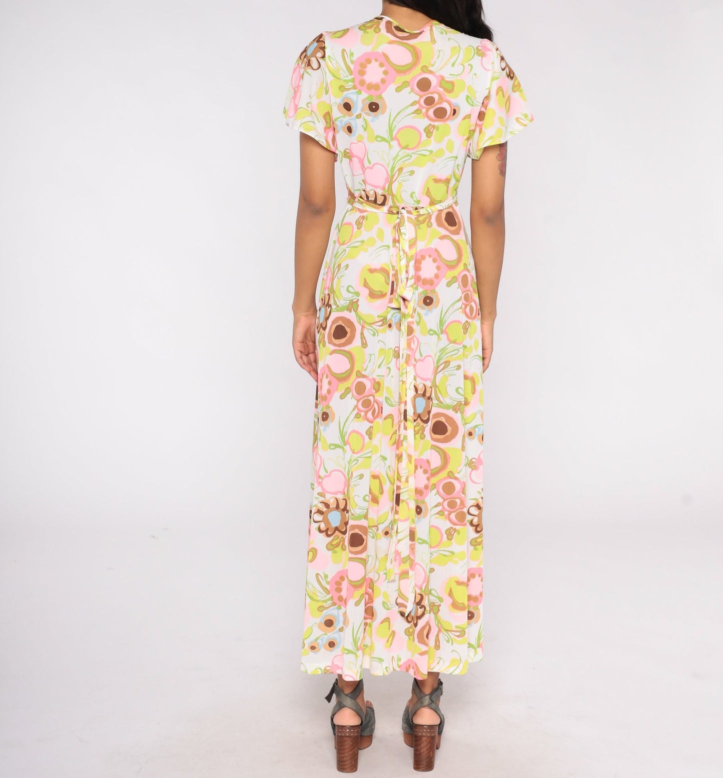 70s Floral Wrap Maxi Dress White Abstract Print High Waist Flutter Sleeve Small