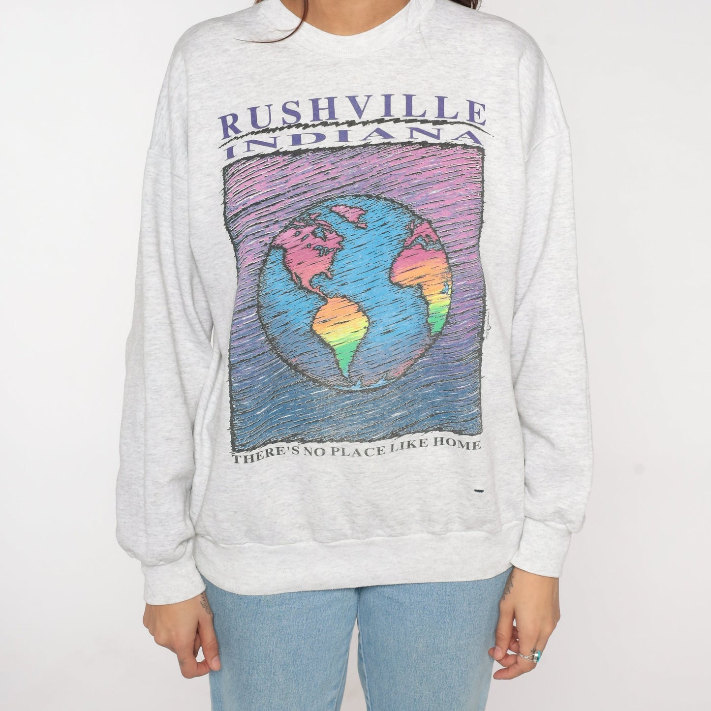 90s Rushville Indiana Sweatshirt Grey Graphic Crewneck There's No Place Like Home Medium M