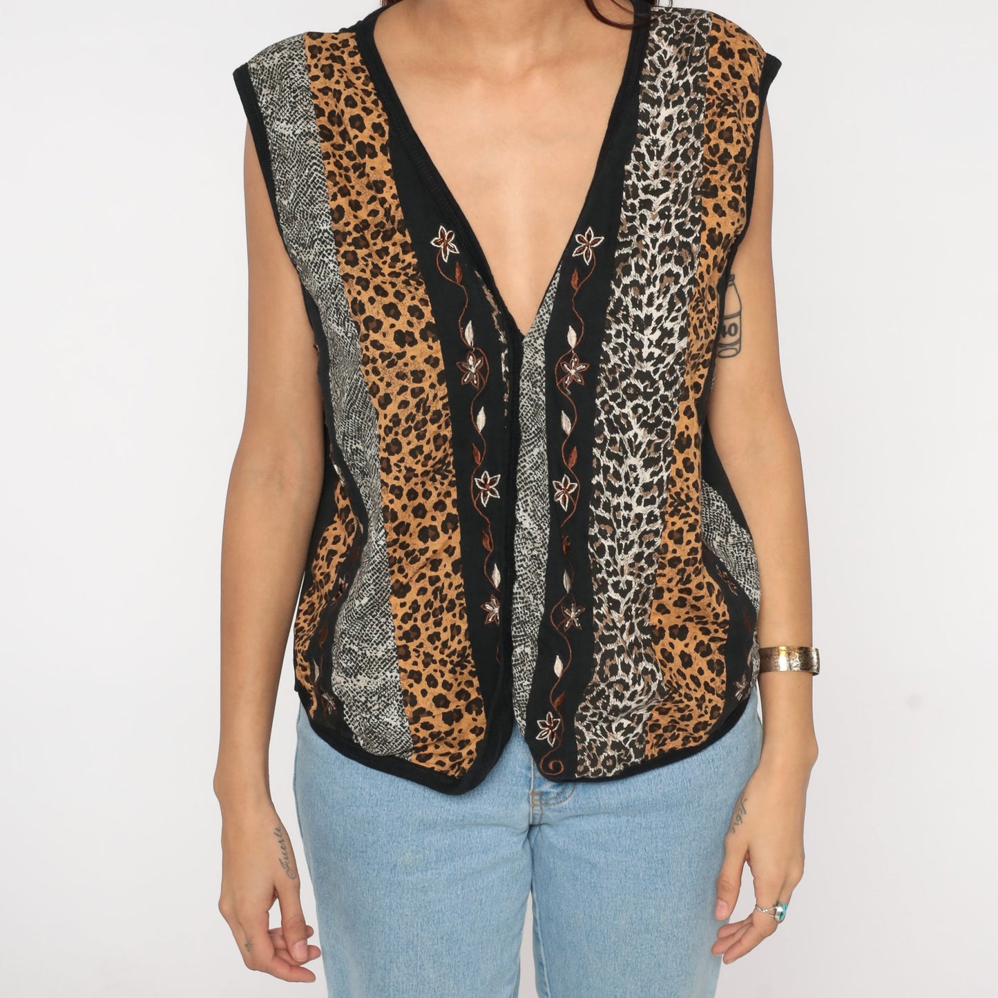 80s Animal Print Vest Top Floral Embroidered Sleeveless Blouse Large