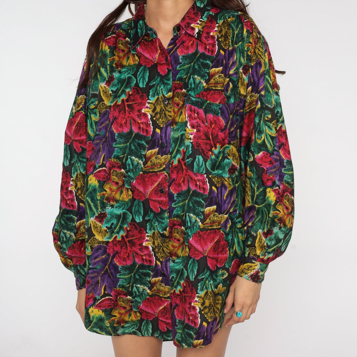 80s Tropical Floral Button-Up Blouse Dark Print Long Sleeve Collared Shirt Large L