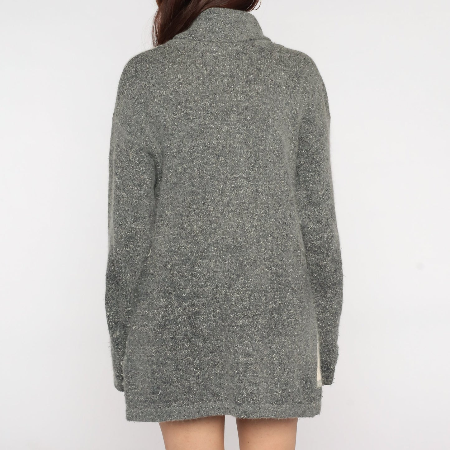 80s Grey Silk Turtleneck Sweater Paisley Floral Embroidered Knit Medium M