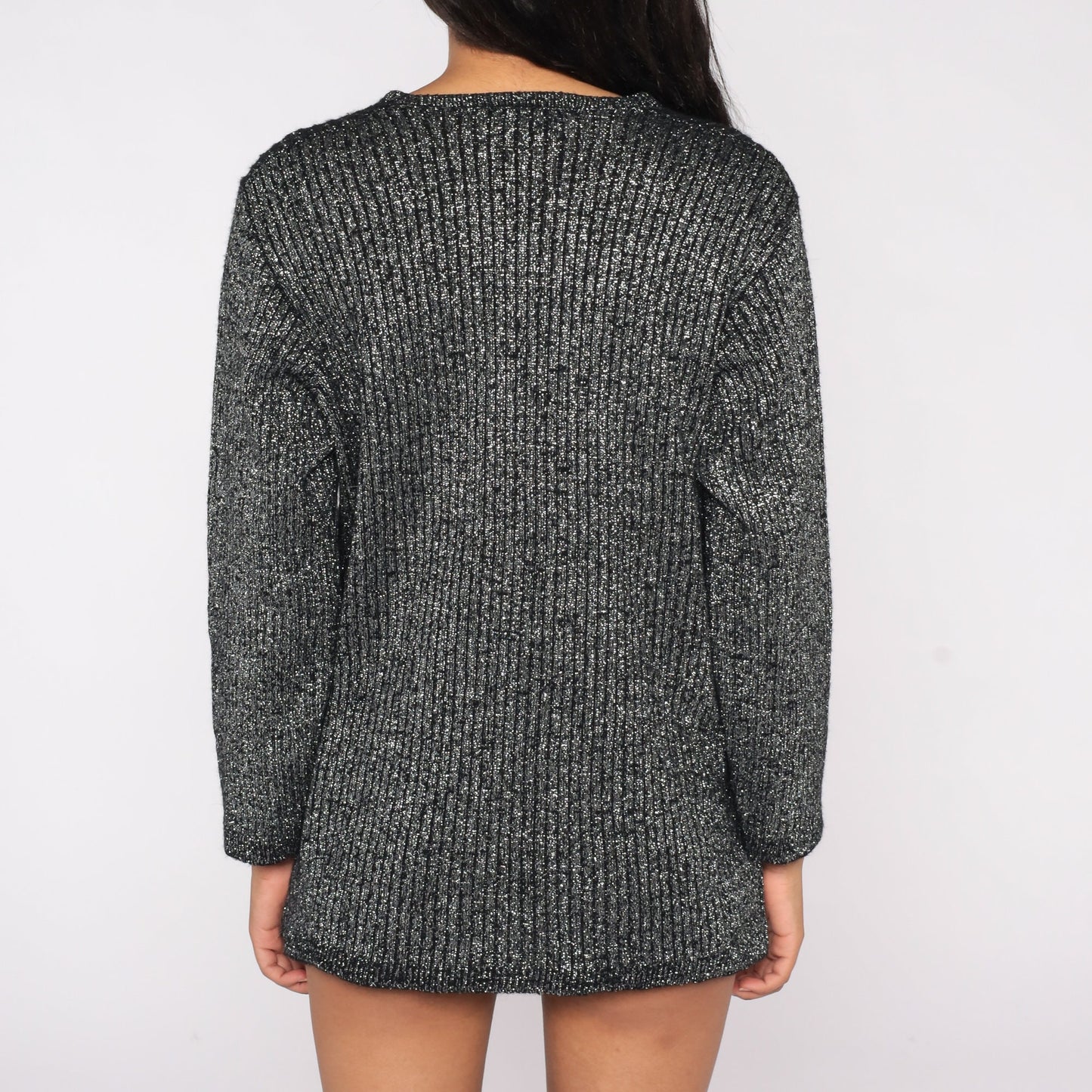 90s Metallic Black Sparkly Knit Top V Neck Long Sleeve Large