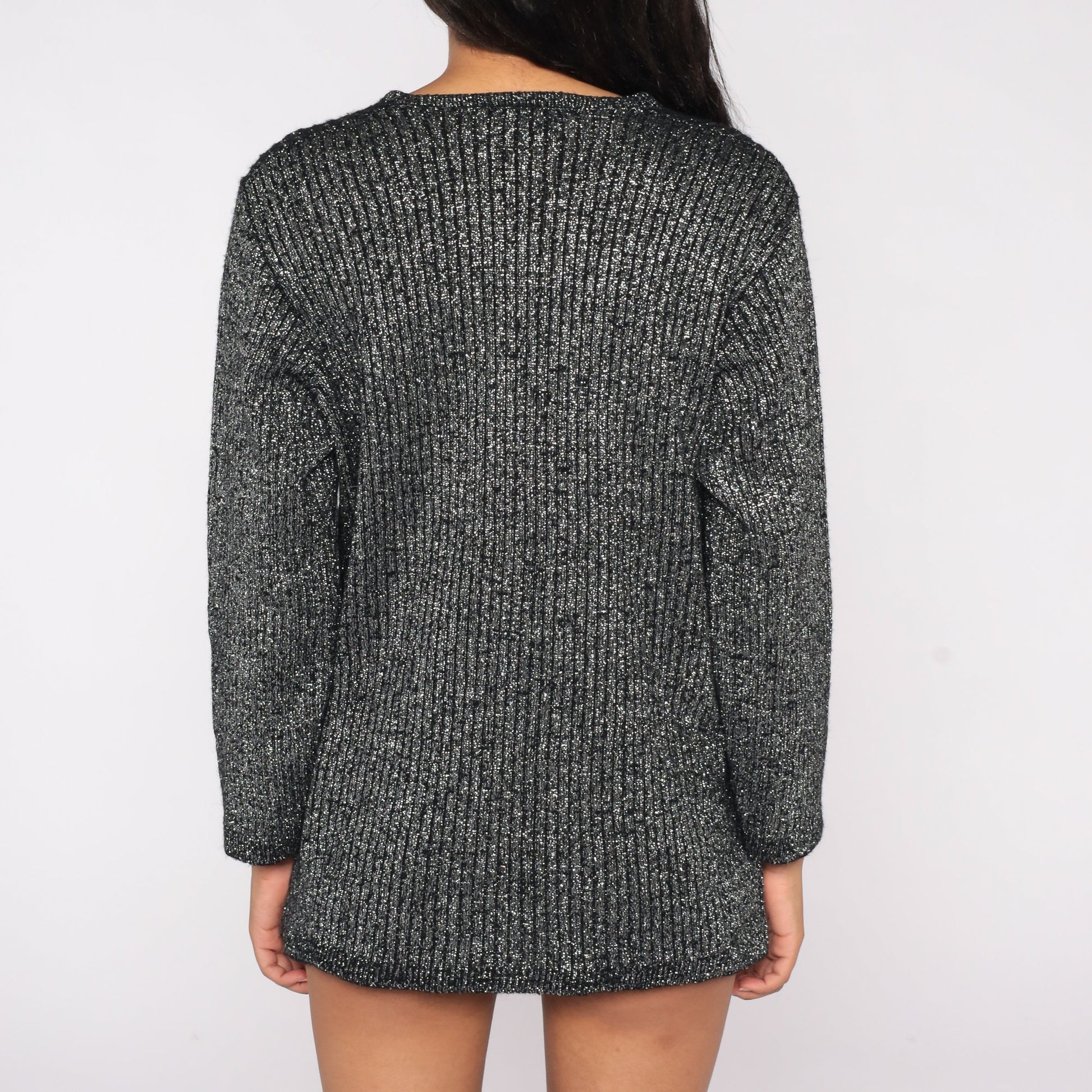 90s Metallic Black Sparkly Knit Top V Neck Long Sleeve Large