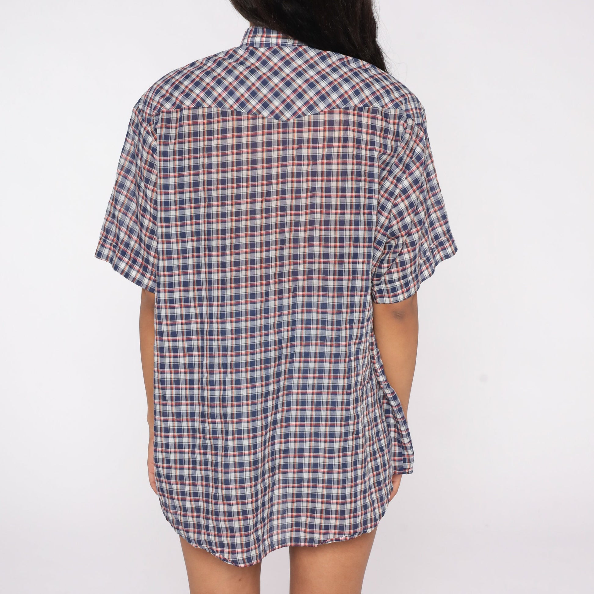 80s Western Pearl Snap Shirt Blue Red Plaid Short Sleeve Extra Large XL