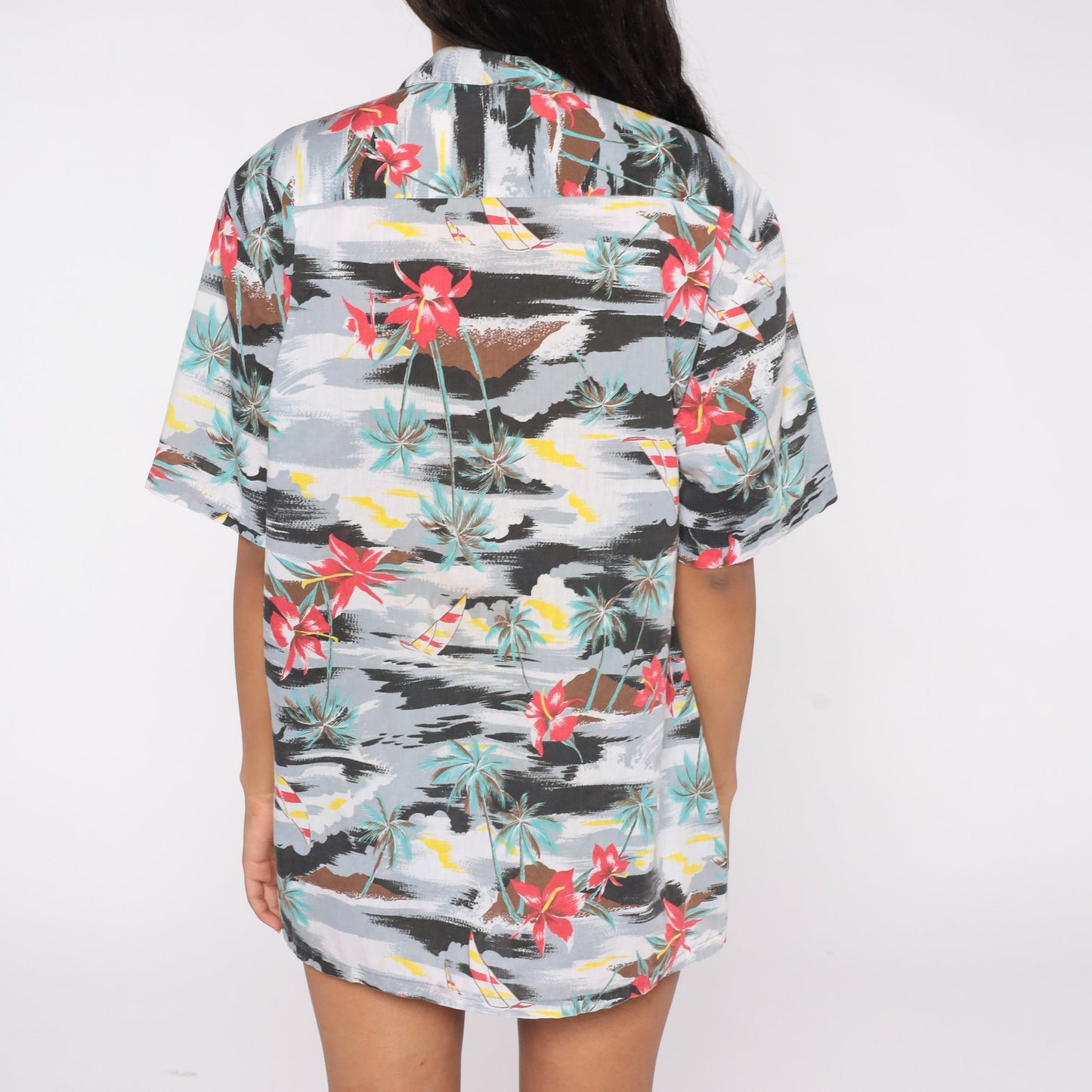80s Hawaiian Shirt Grey Tropical Palm Tree Sailboat Button Up Men's Large