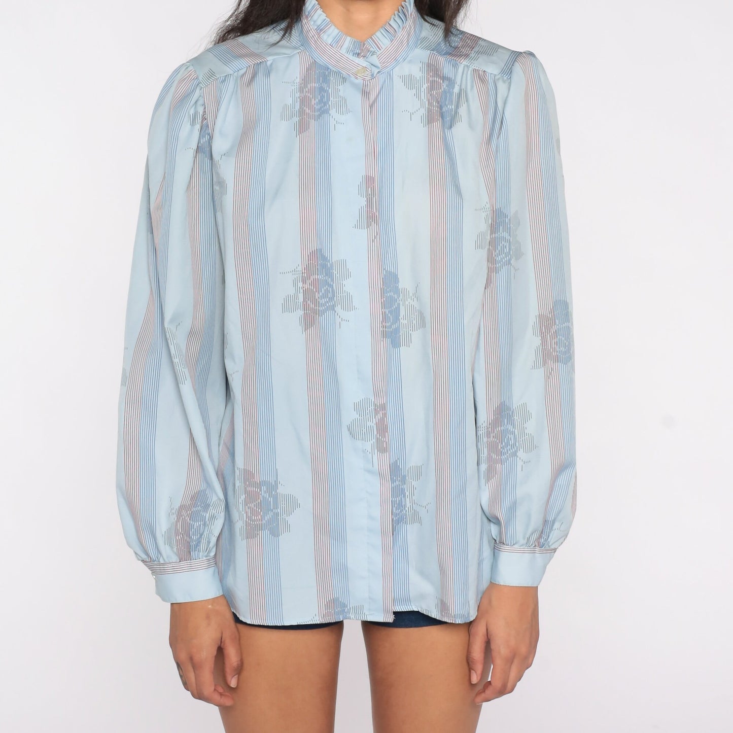 80s Blue Striped Floral Ruffle Neck Blouse Puff Sleeve Button Top Extra Large XL