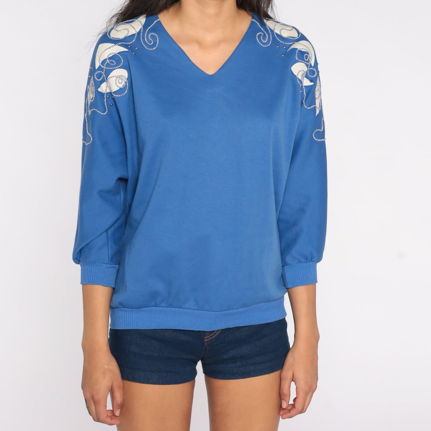 80s Blue Dolman Top V Neck Studded Shoulder Abstract Print Medium