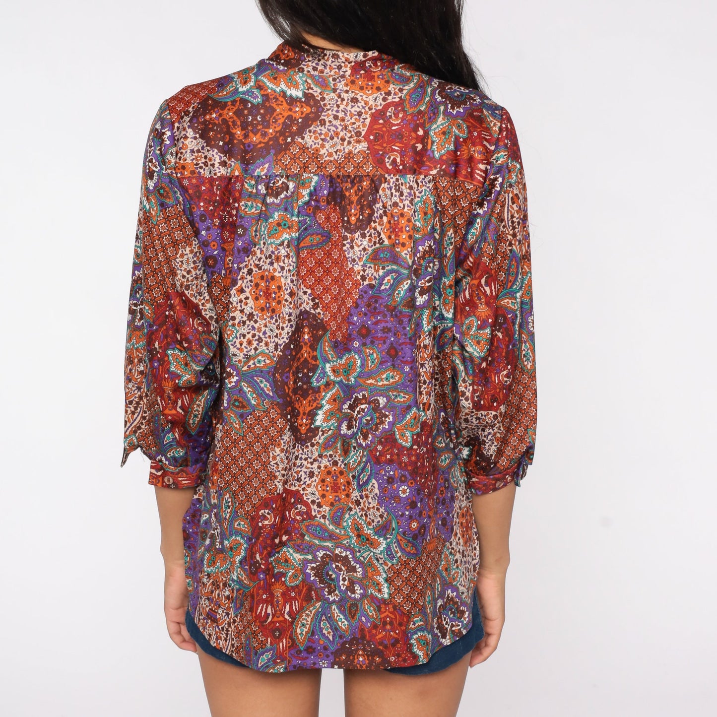 70s Paisley Floral Blouse Keyhole Neck 3/4 Sleeve Patchwork Top Large
