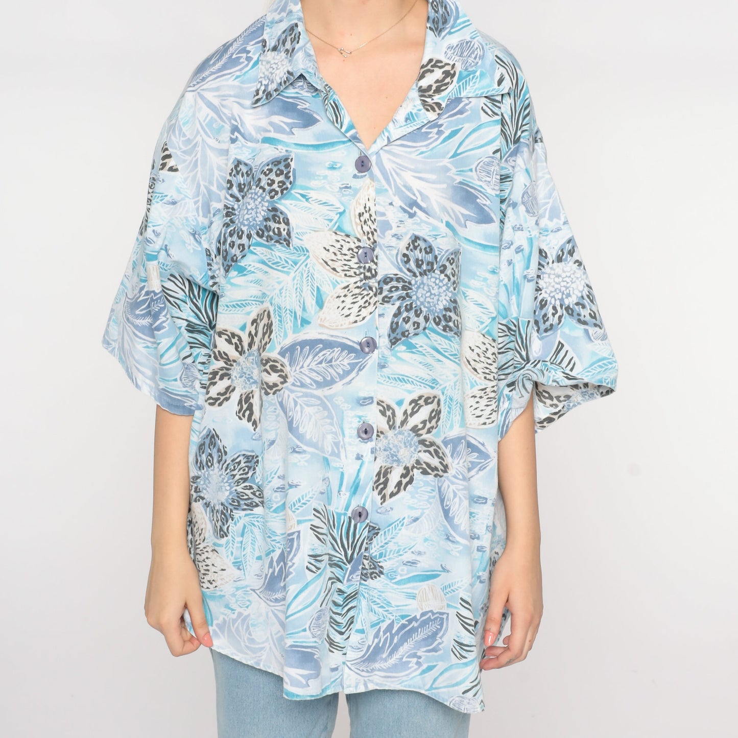 90s Blue Tropical Floral Hawaiian Button-Up Shirt Plus Size XXL
