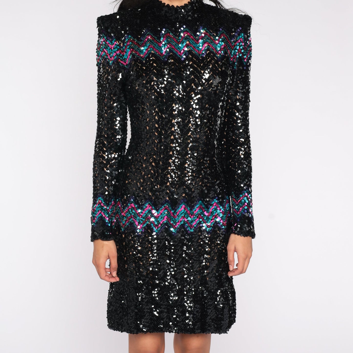80s Black Sequin Dress Power Shoulders Knee-Length Long Sleeve Small