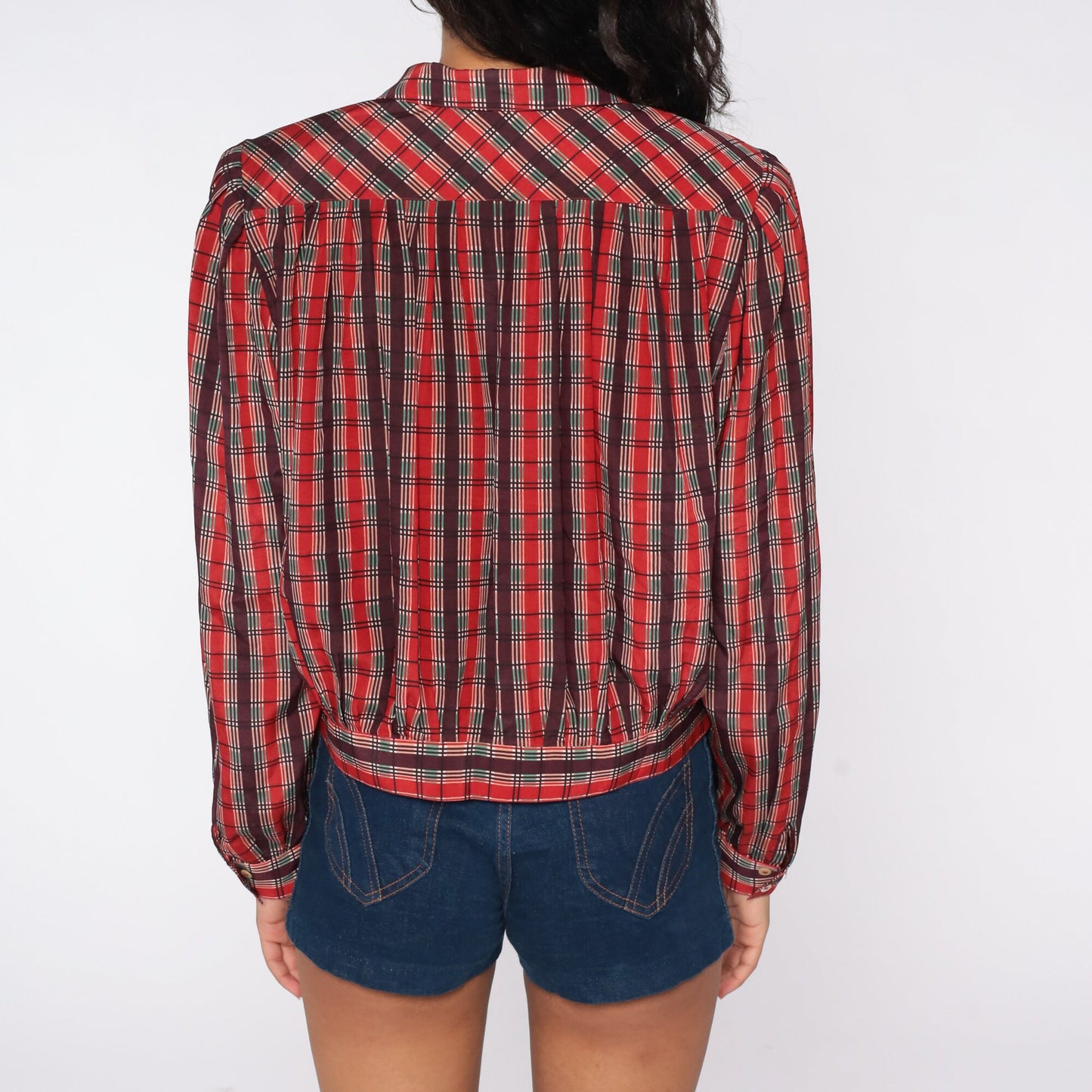 80s Liz Claiborne Plaid Blouse Puff Sleeve Button-Up Red Green Large