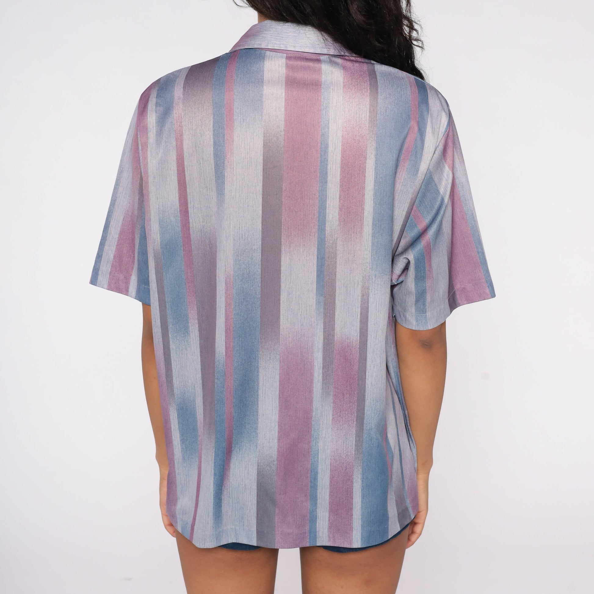 70s Striped V-Neck Blouse Purple Blue Short Sleeve Small
