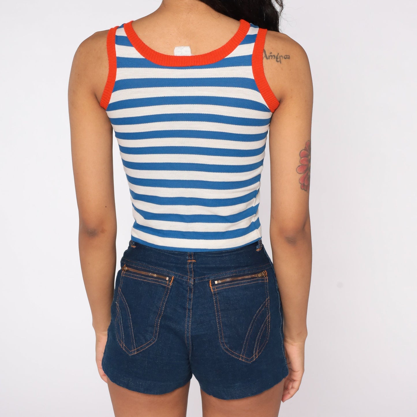 70s Starfish Tank Top White Blue Striped Ringer Tee XXS