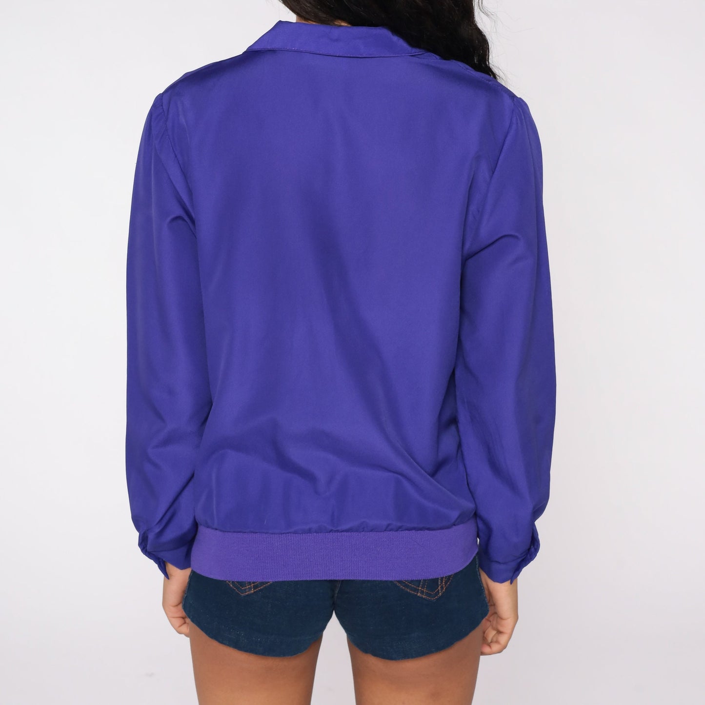 80s Purple Button-Up Blouse Long Sleeve Collared Shirt Medium