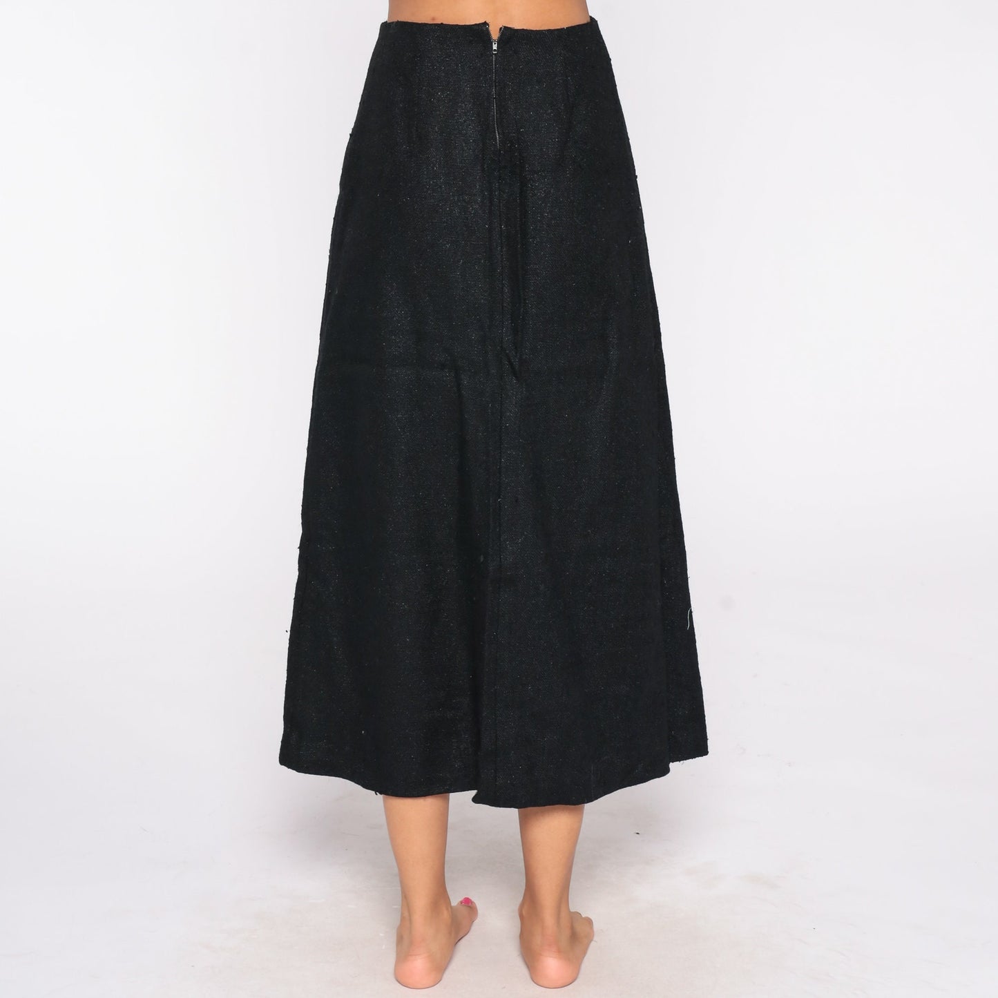 60s Black Tweed Maxi Skirt High Waist Back Zip Small