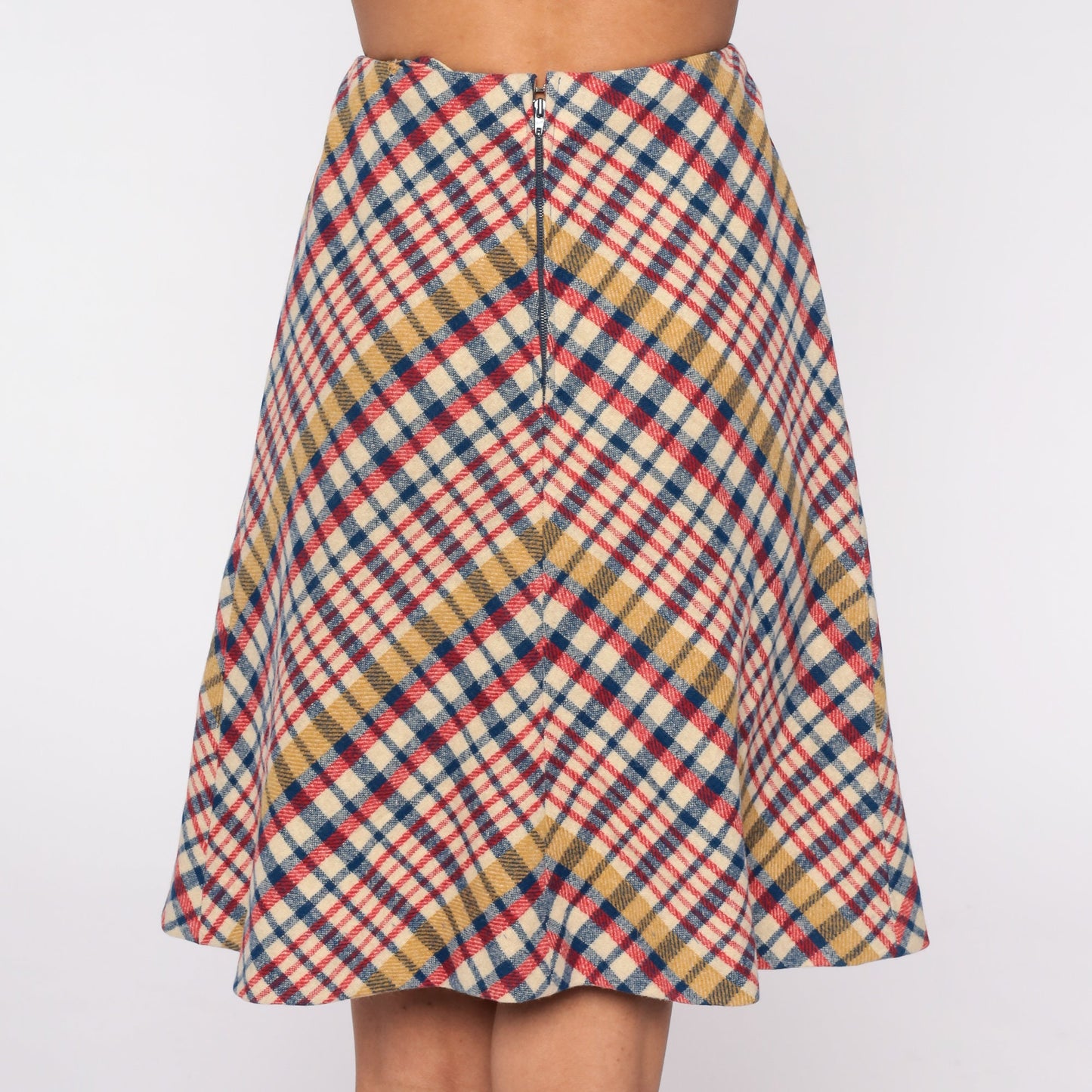 60s Madras Plaid Wool Skirt High Waist Flared Preppy Extra Small XS