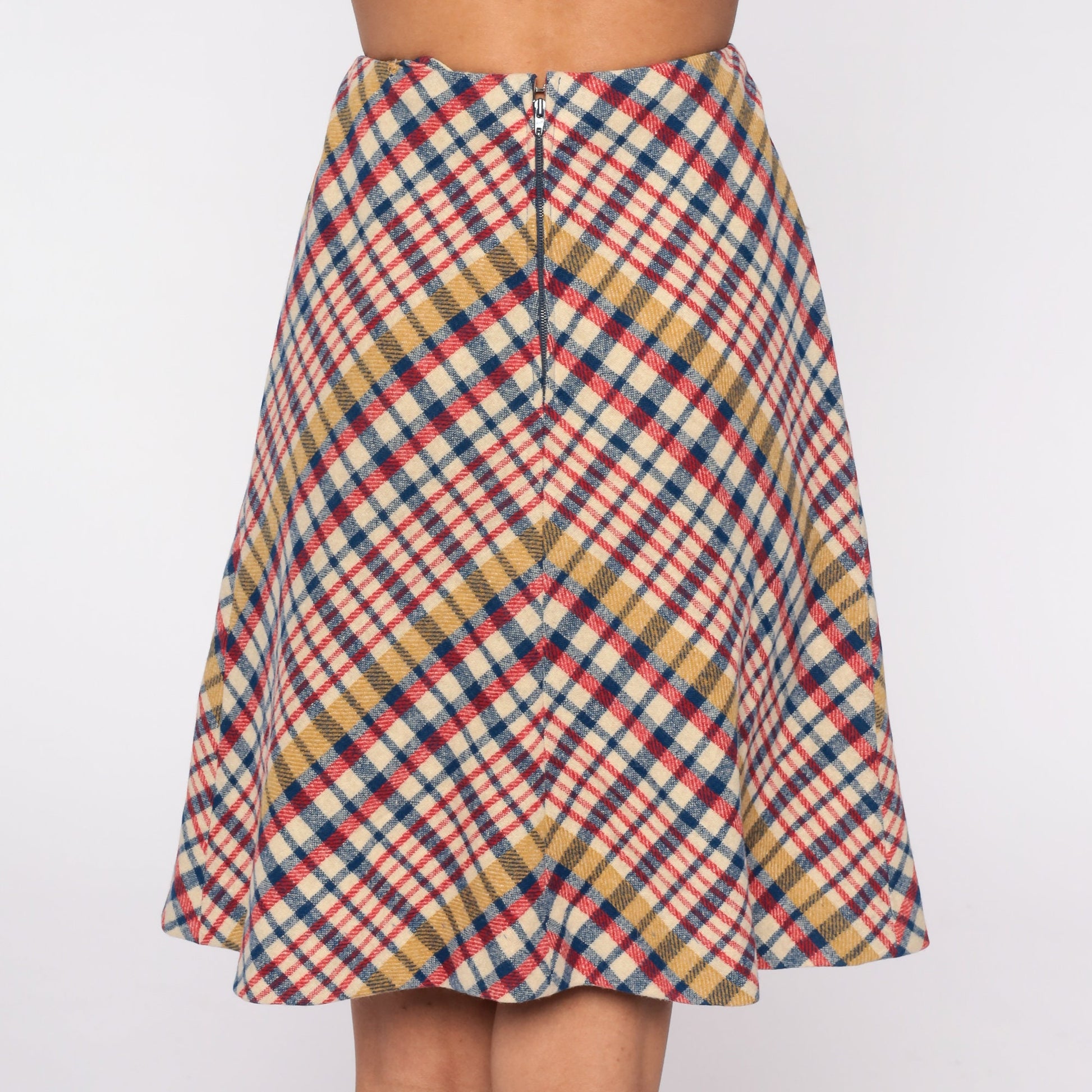 60s Madras Plaid Wool Skirt High Waist Flared Preppy Extra Small XS