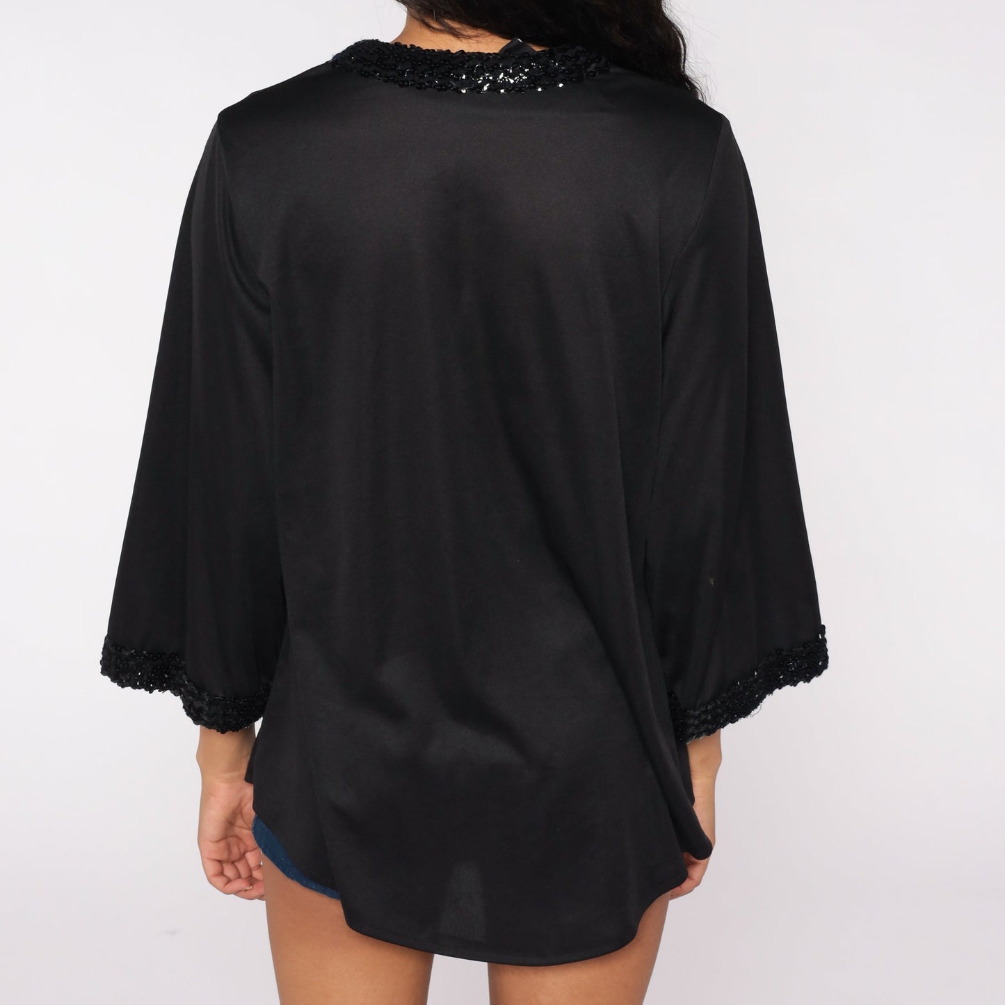 70s Black Sequin Blouse V-Neck Slit Long Sleeve Disco Party Top Medium Large