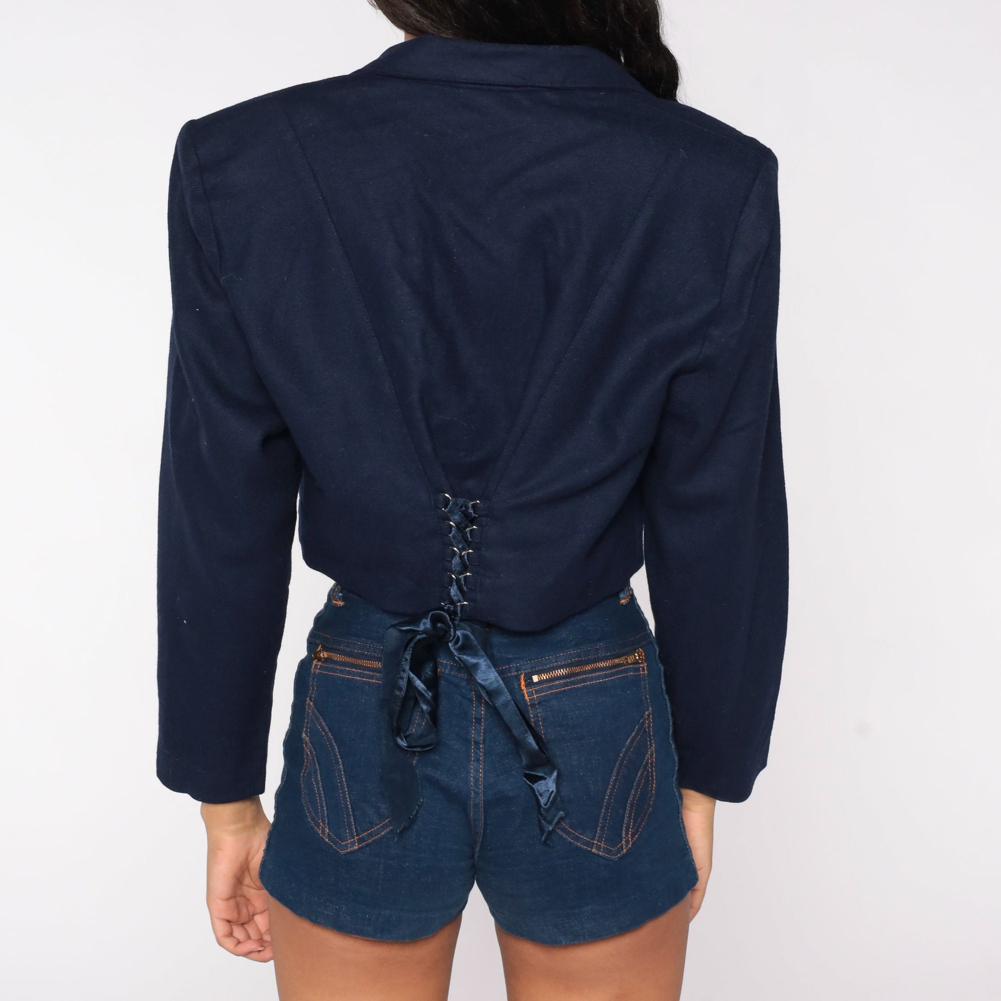 00s Navy Wool Blend Cropped Blazer Button-Up Tailored Jacket Medium M