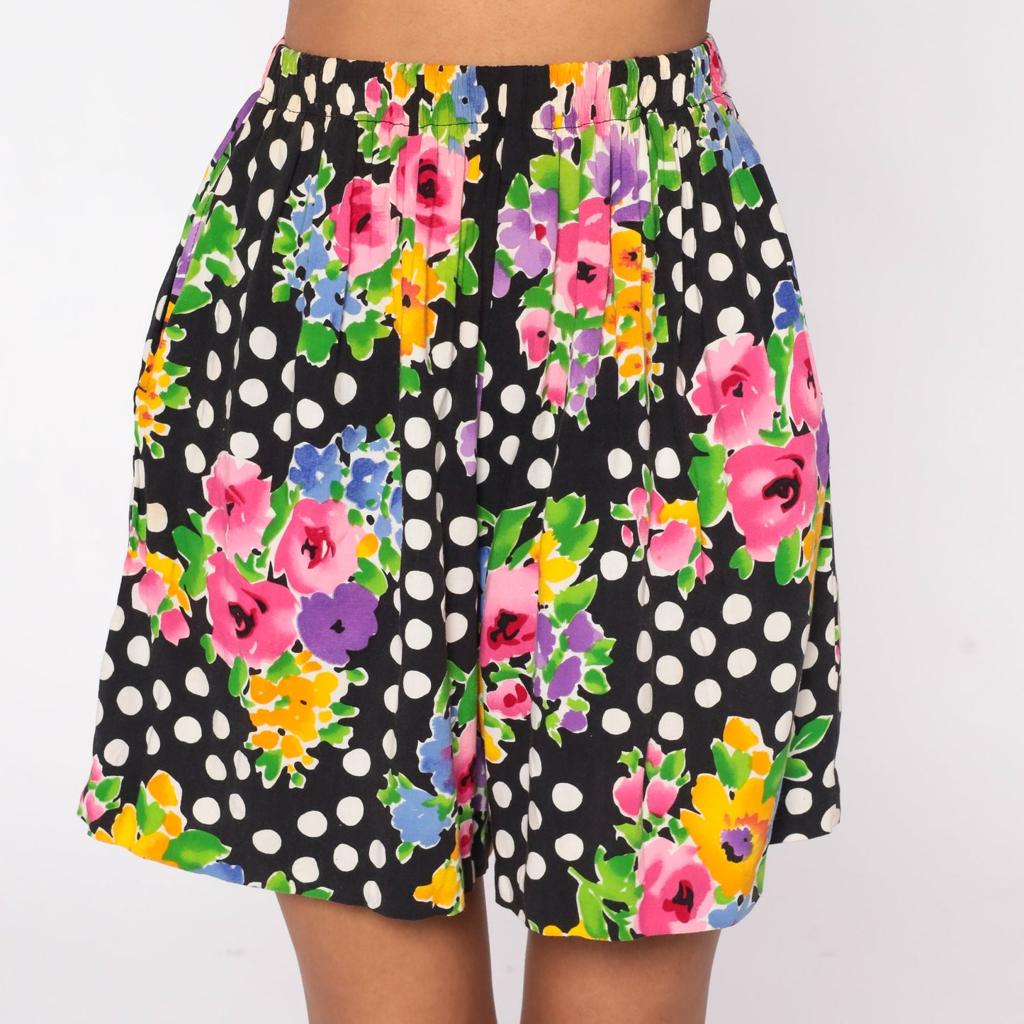 90s Floral Polka Dot High-Waisted Rayon Shorts Black White Small Medium
