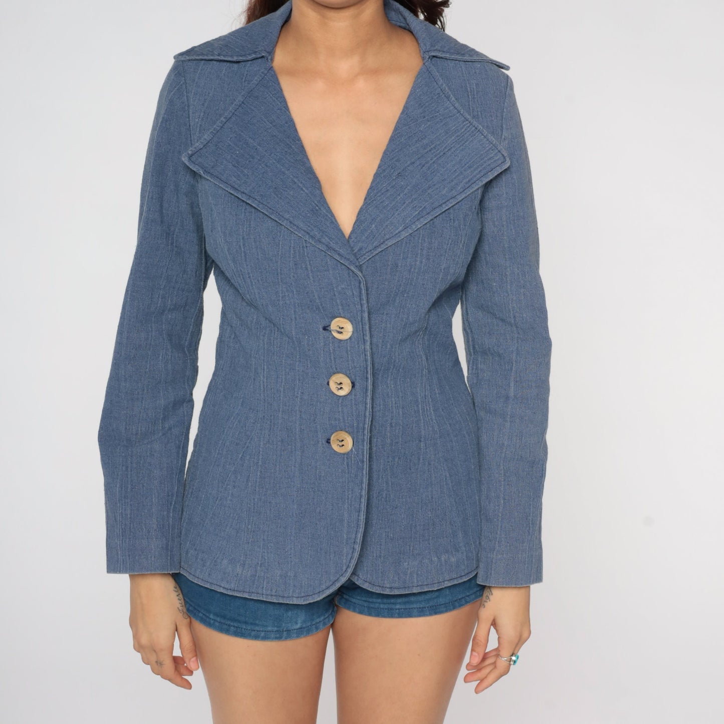 70s Blue Blazer Jacket Notched Collar Button-Up Medium M
