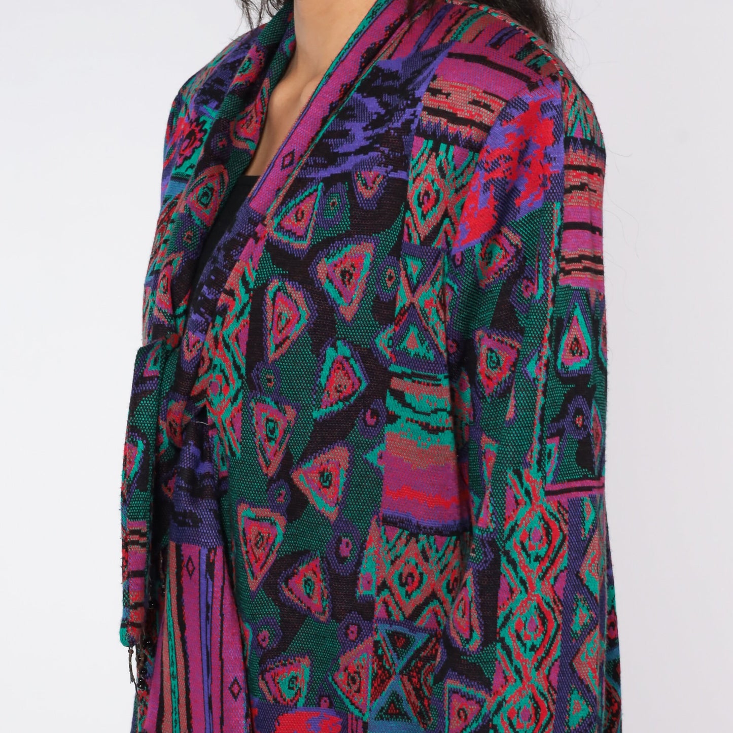 90s Woven Blazer Jacket Abstract Tapestry Tie Front Beaded Large L