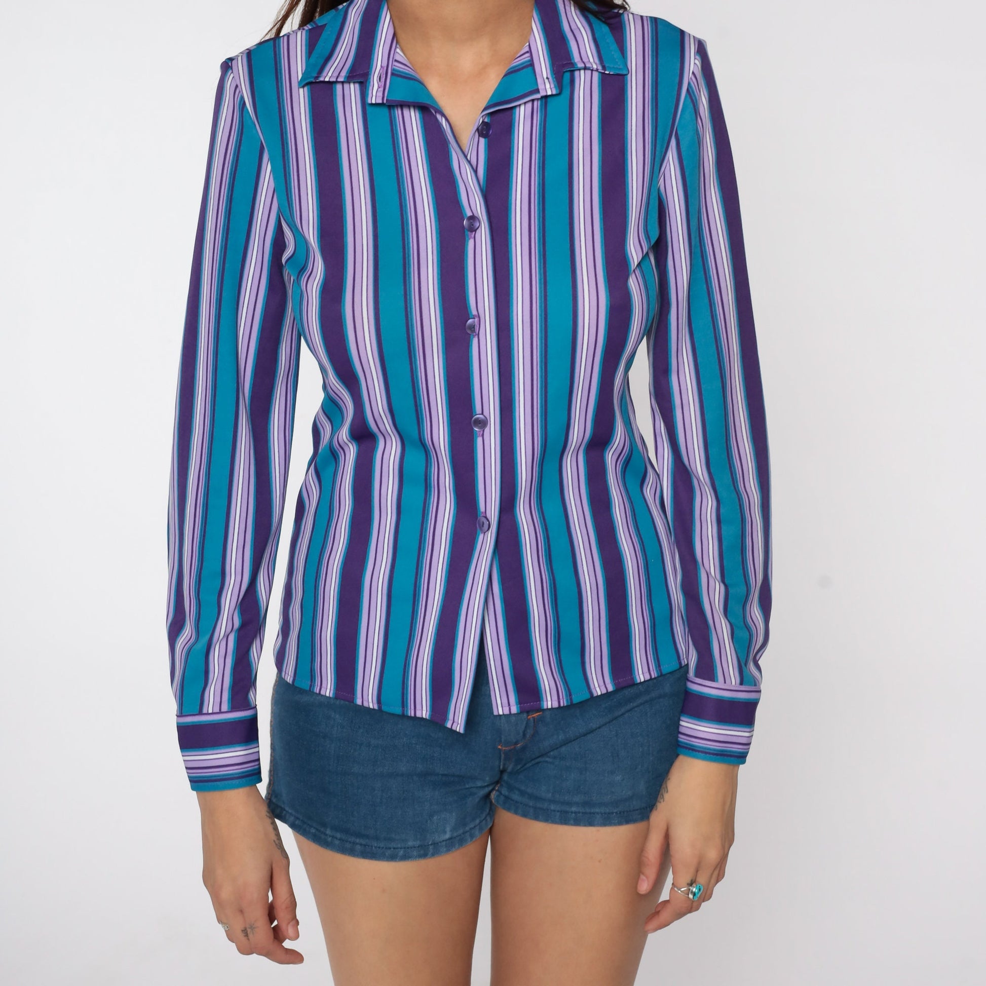 80s Striped Button-Up Blouse Purple Blue Long Sleeve Collared Shirt Small