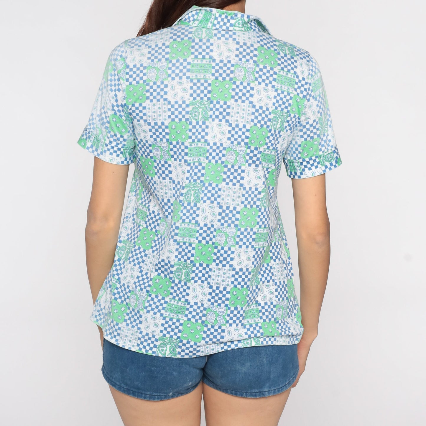 70s Checkered Paisley Floral Button Up Shirt Dagger Collar Blue Small
