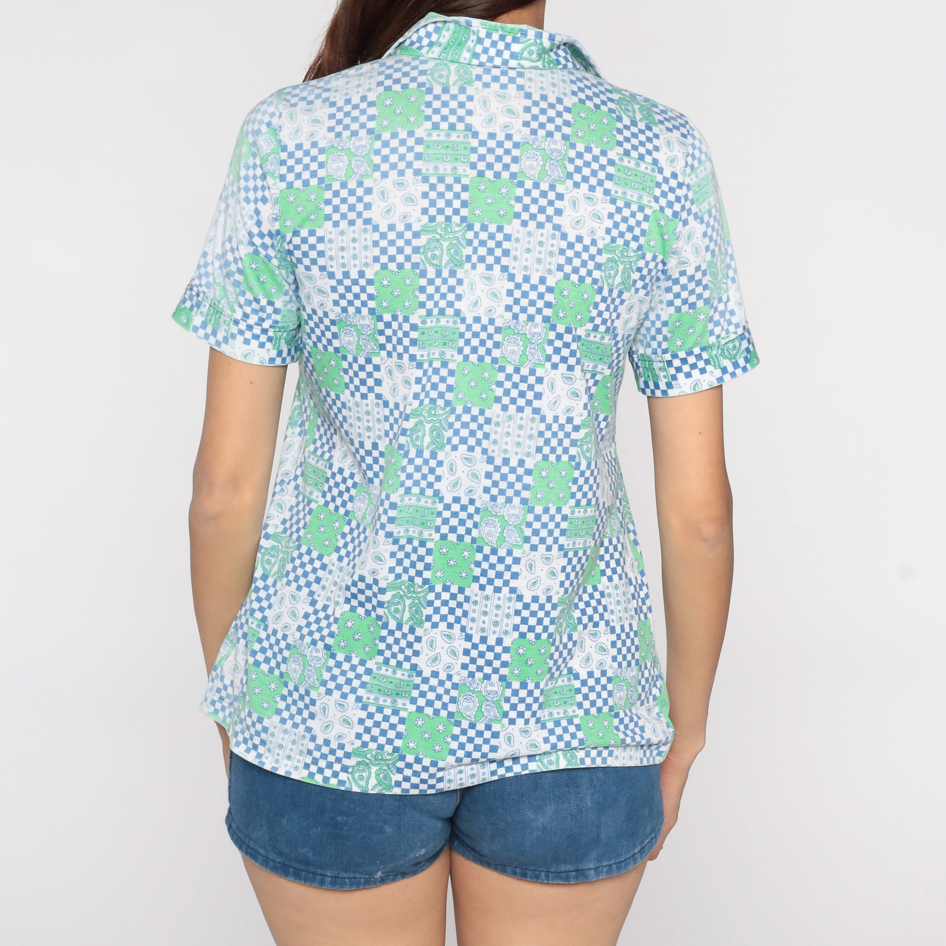70s Checkered Paisley Floral Button Up Shirt Dagger Collar Blue Small