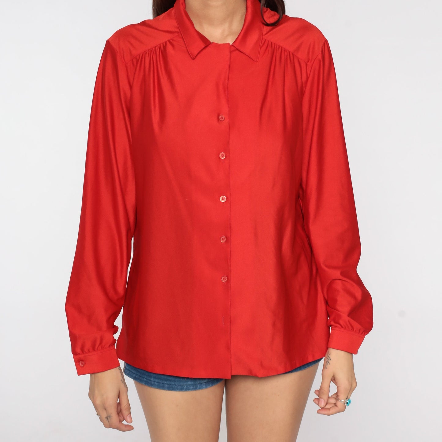 80s Red Shiny Button-Up Blouse Long Sleeve Collared Shirt Medium Large