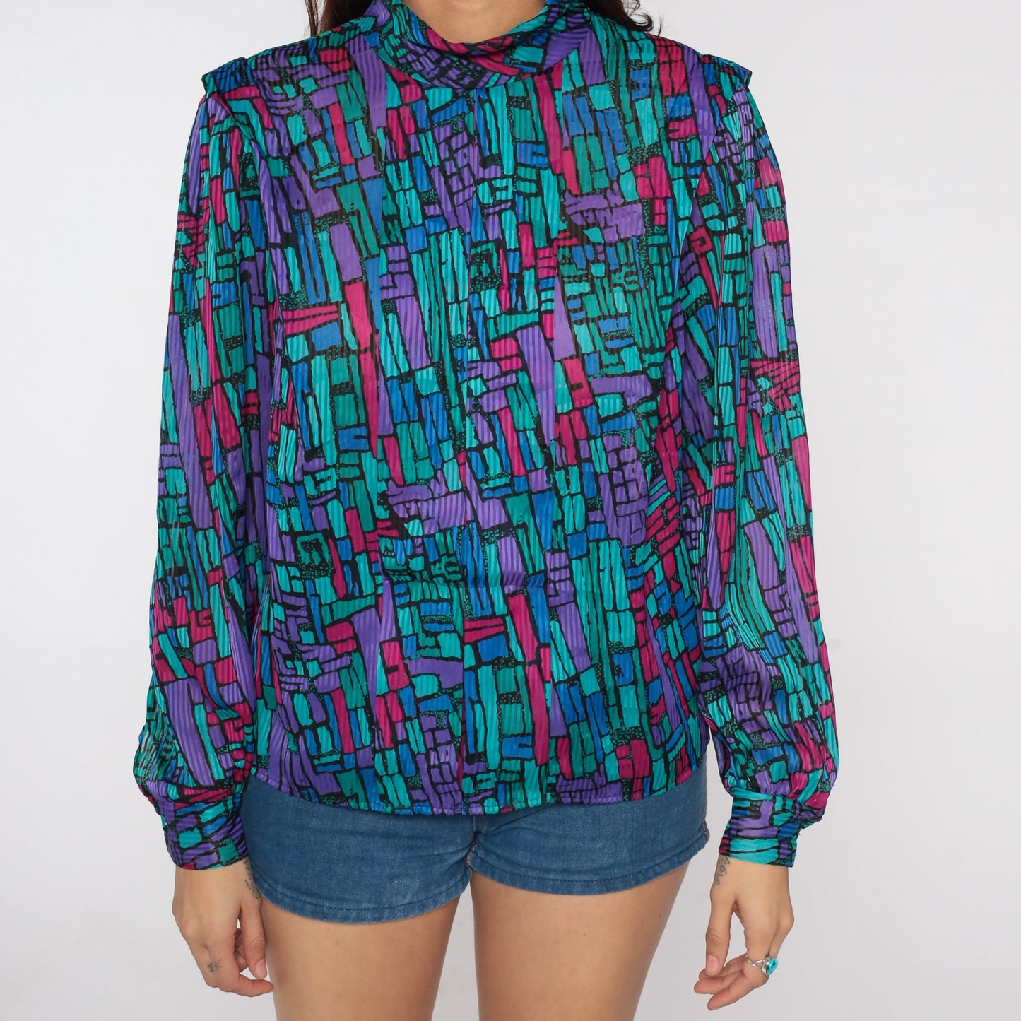 80s Geometric Mock Neck Blouse Long Sleeve Statement Top Medium