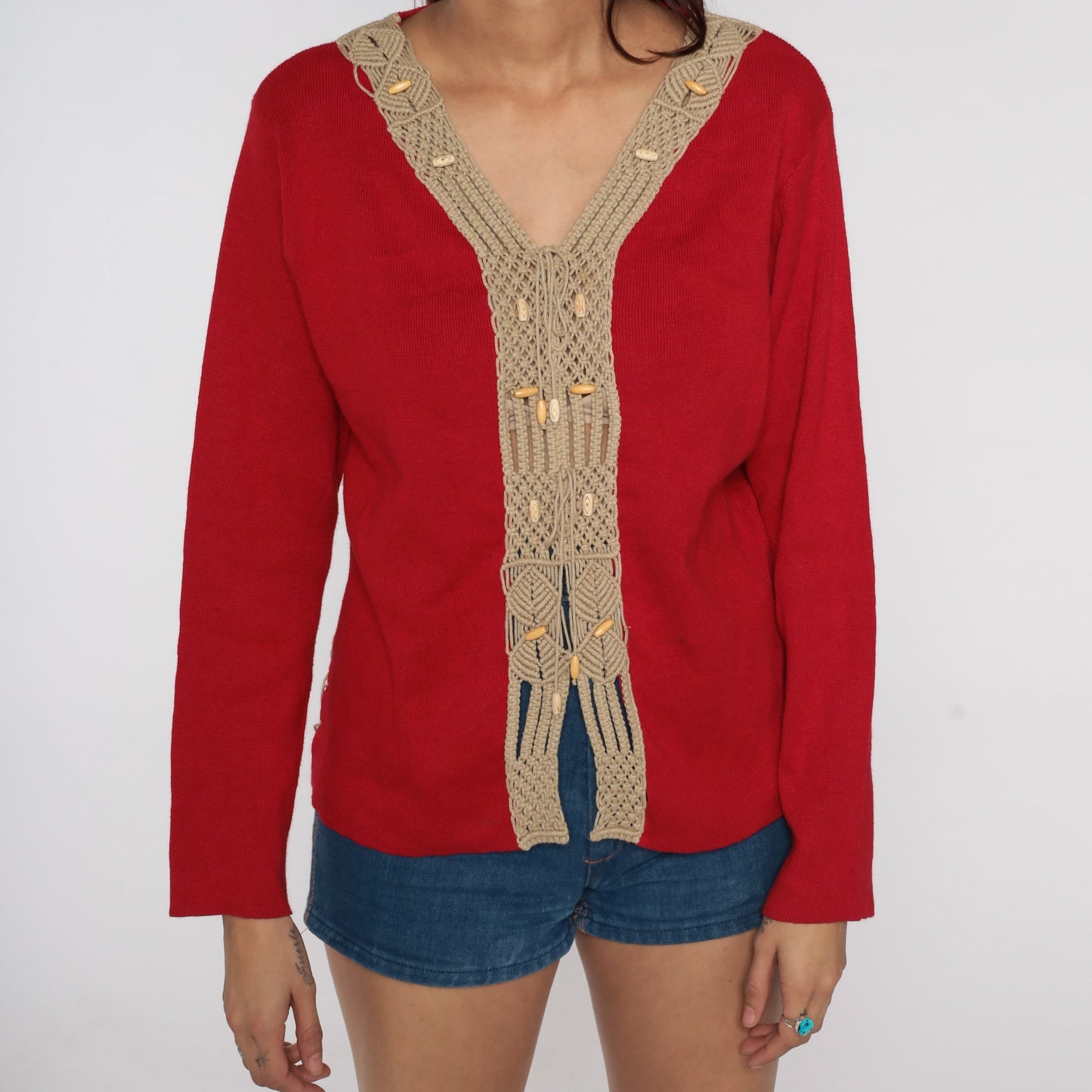 80s Red V-Neck Sweater with Macrame Trim Knit Pullover Large L