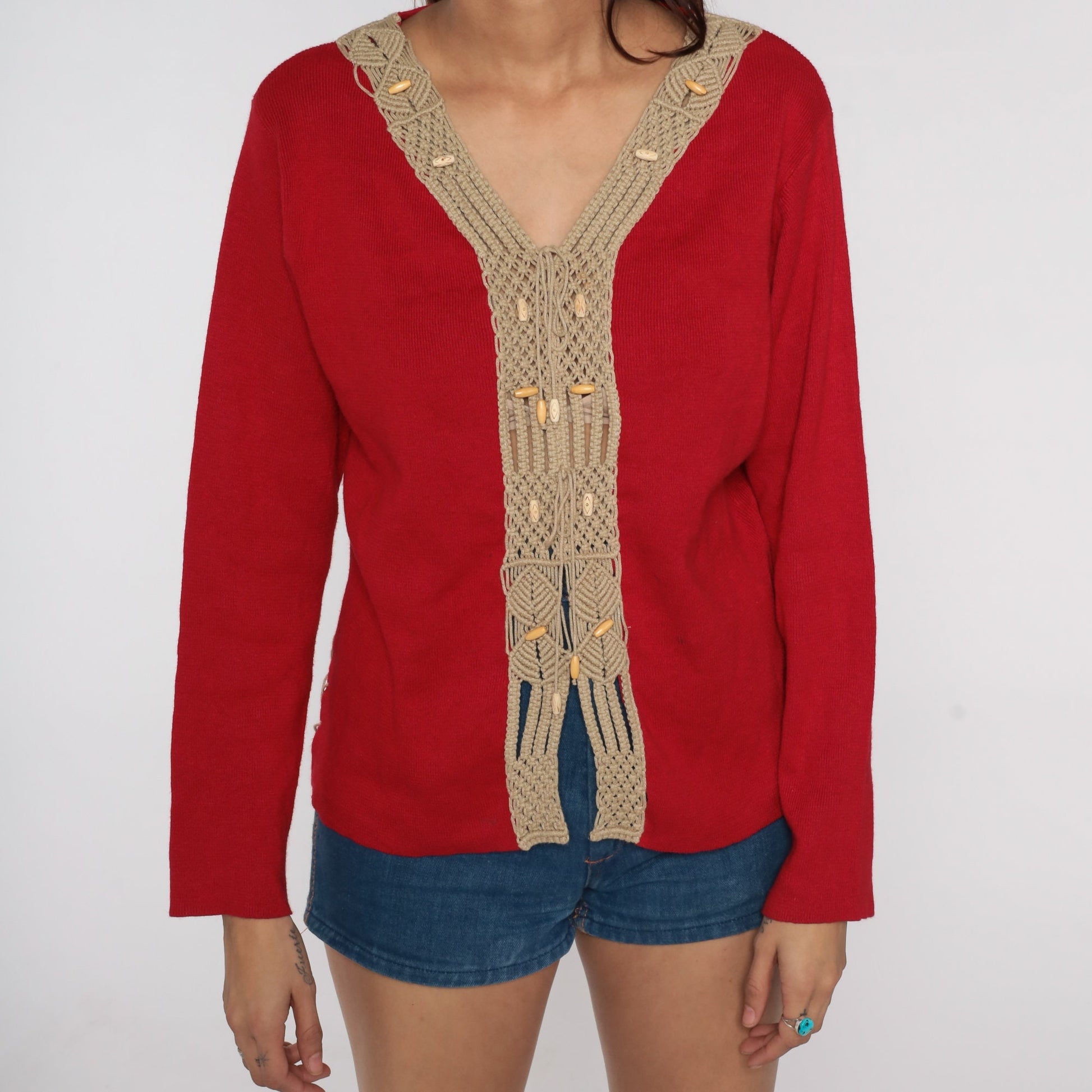 80s Red V-Neck Sweater with Macrame Trim Knit Pullover Large L
