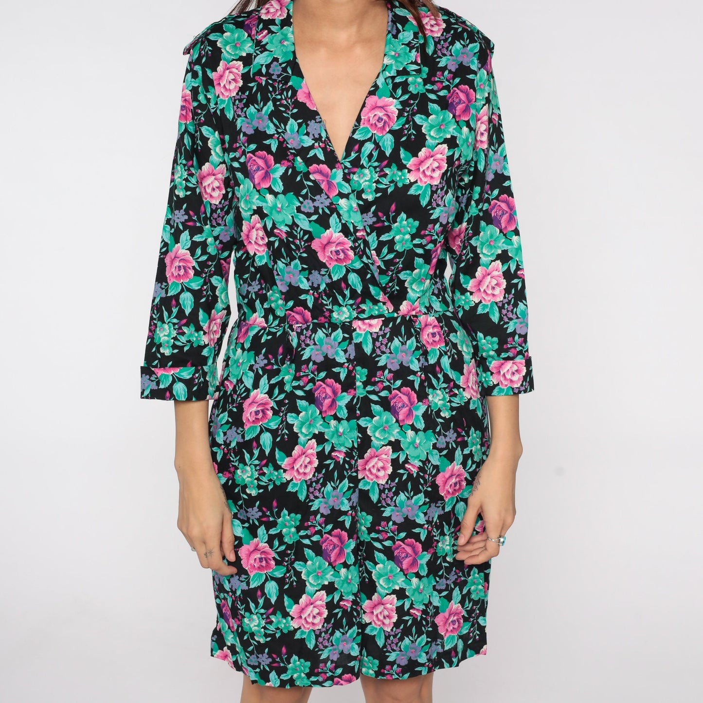 80s Floral Wrap Dress Black Pink Green Purple Mini High Waisted Small