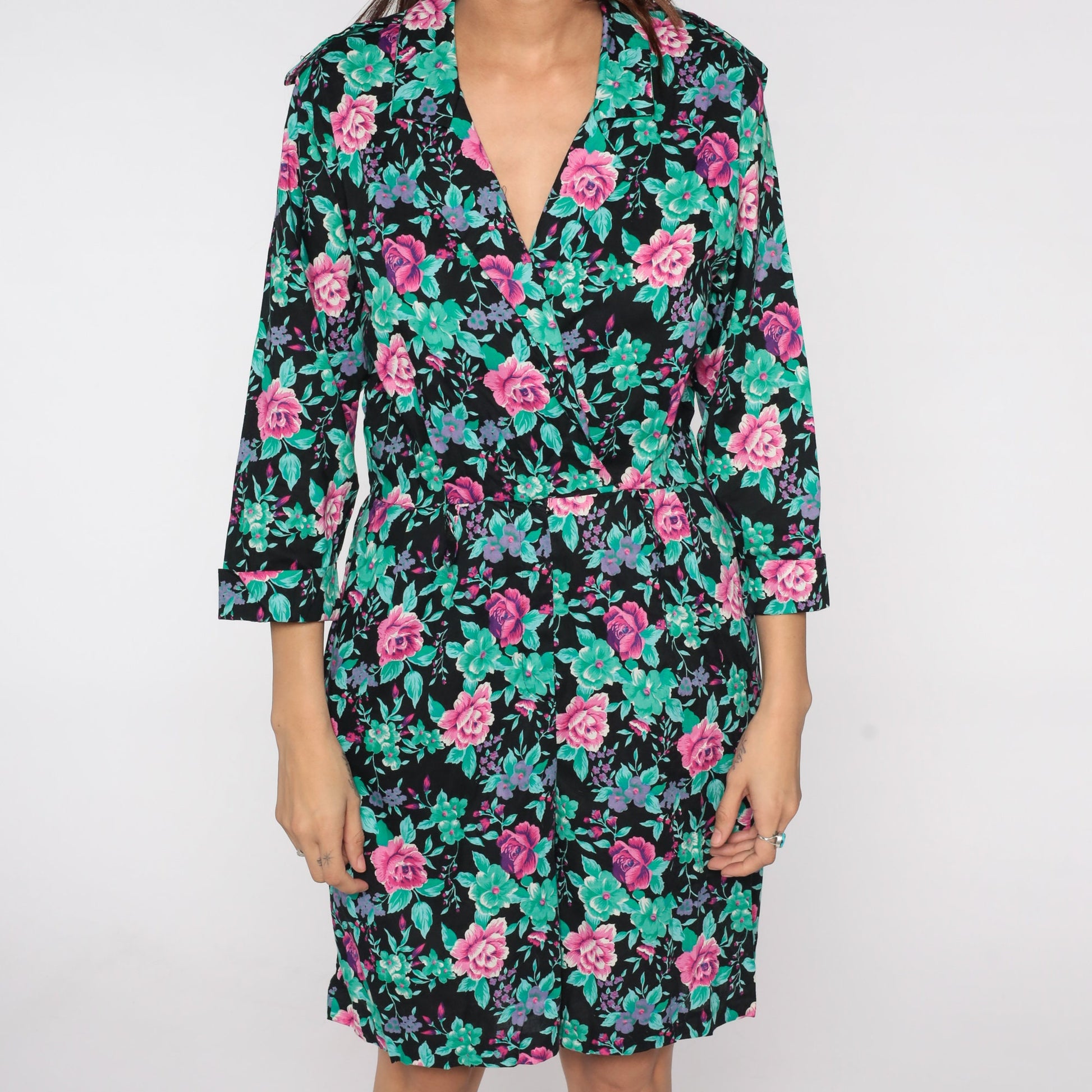 80s Floral Wrap Dress Black Pink Green Purple Mini High Waisted Small