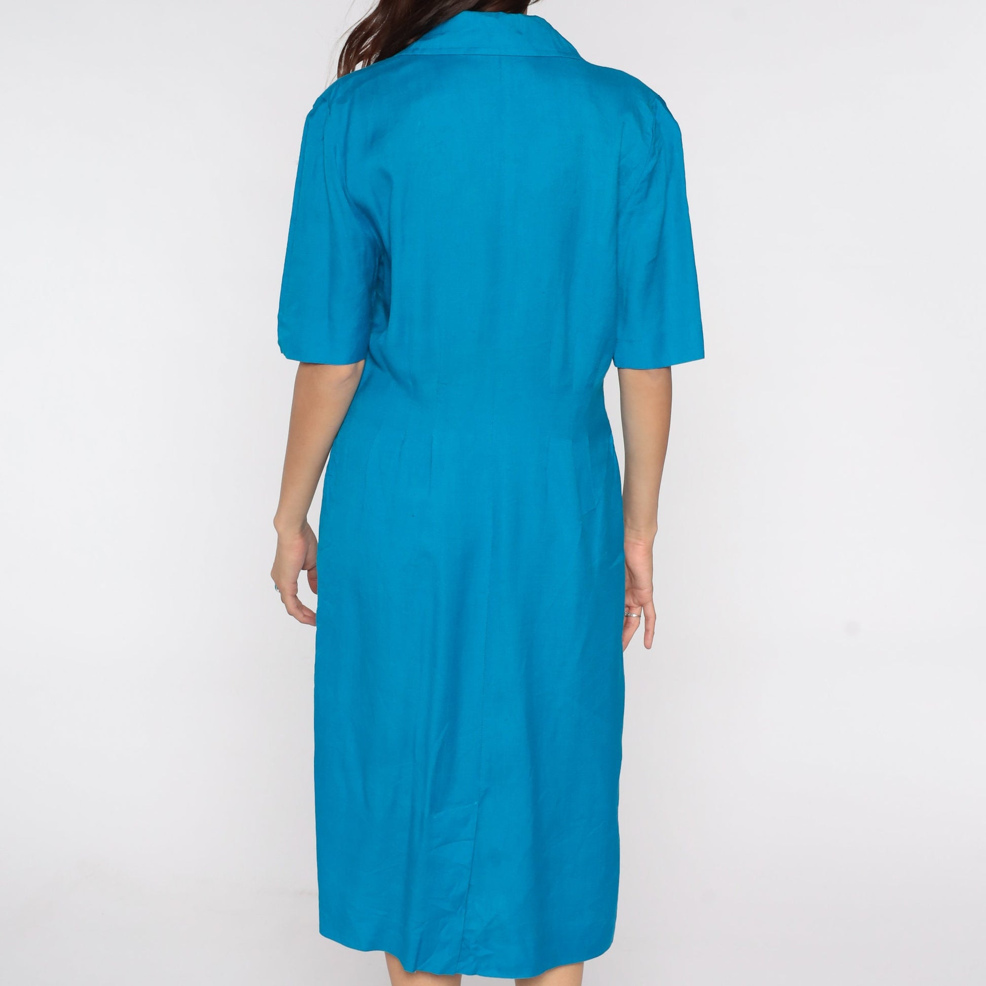 80s Liz Claiborne Blue Linen Midi Dress High Waist Notched Collar Medium