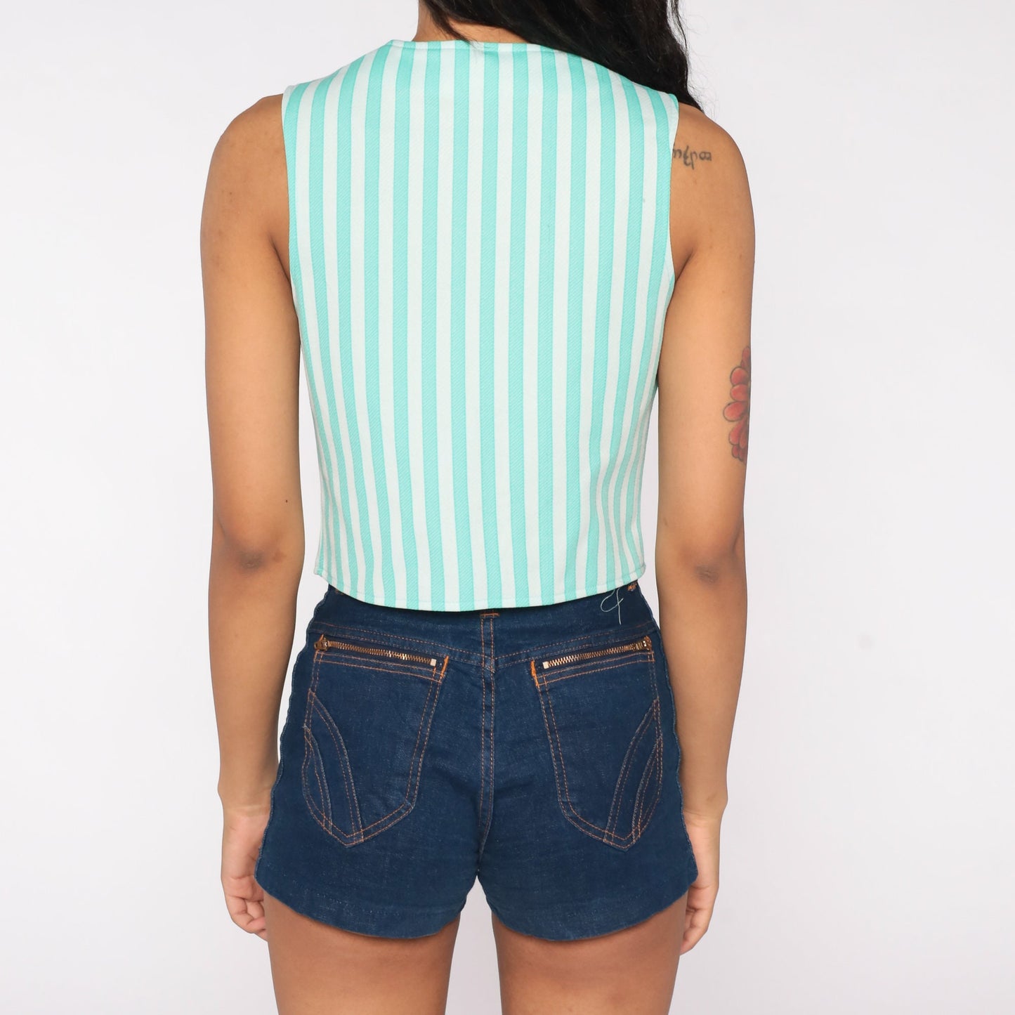 70s Green Striped Vest Button-Up Tank Small