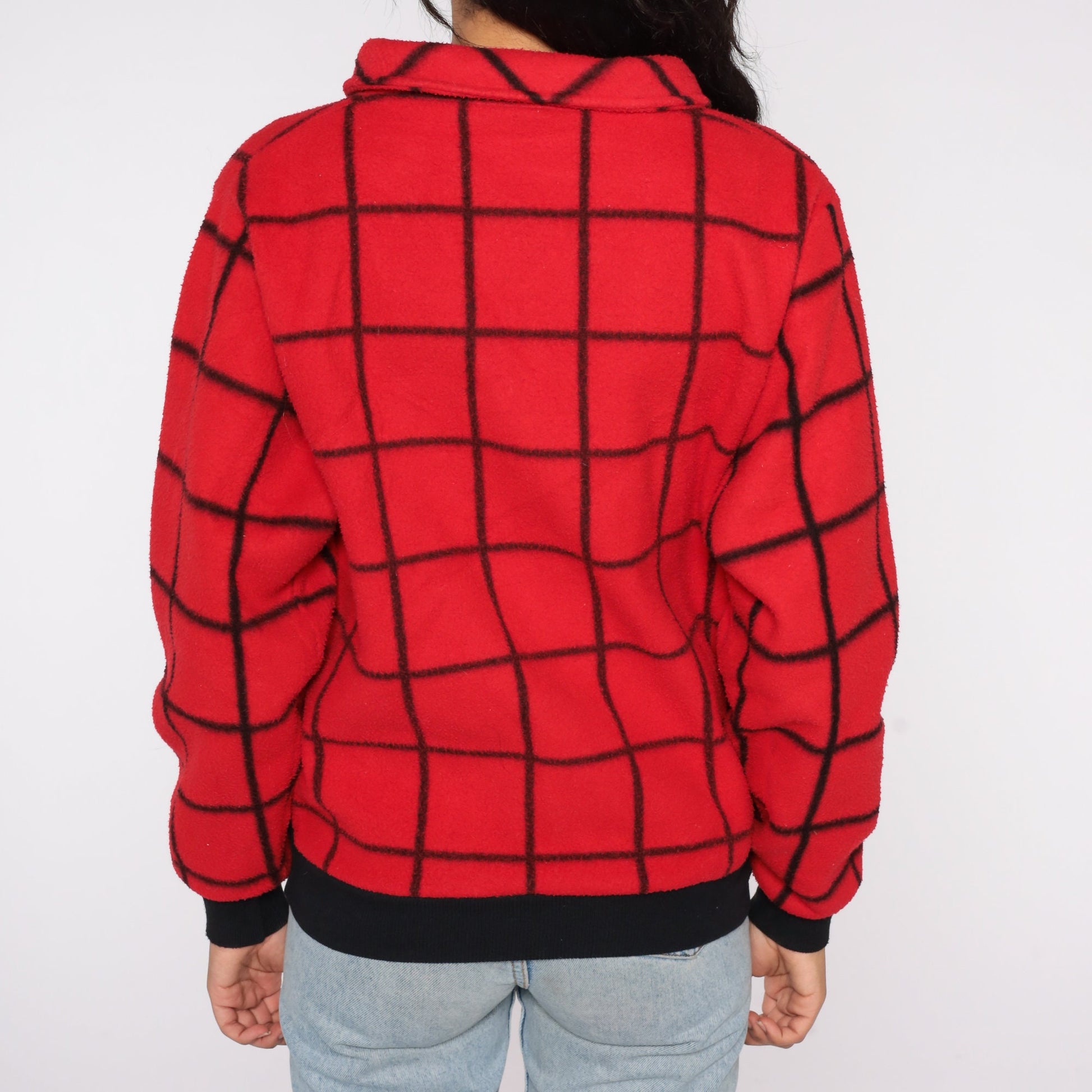 80s Le Tigre Red Checkered Fleece Quarter Zip Pullover Medium